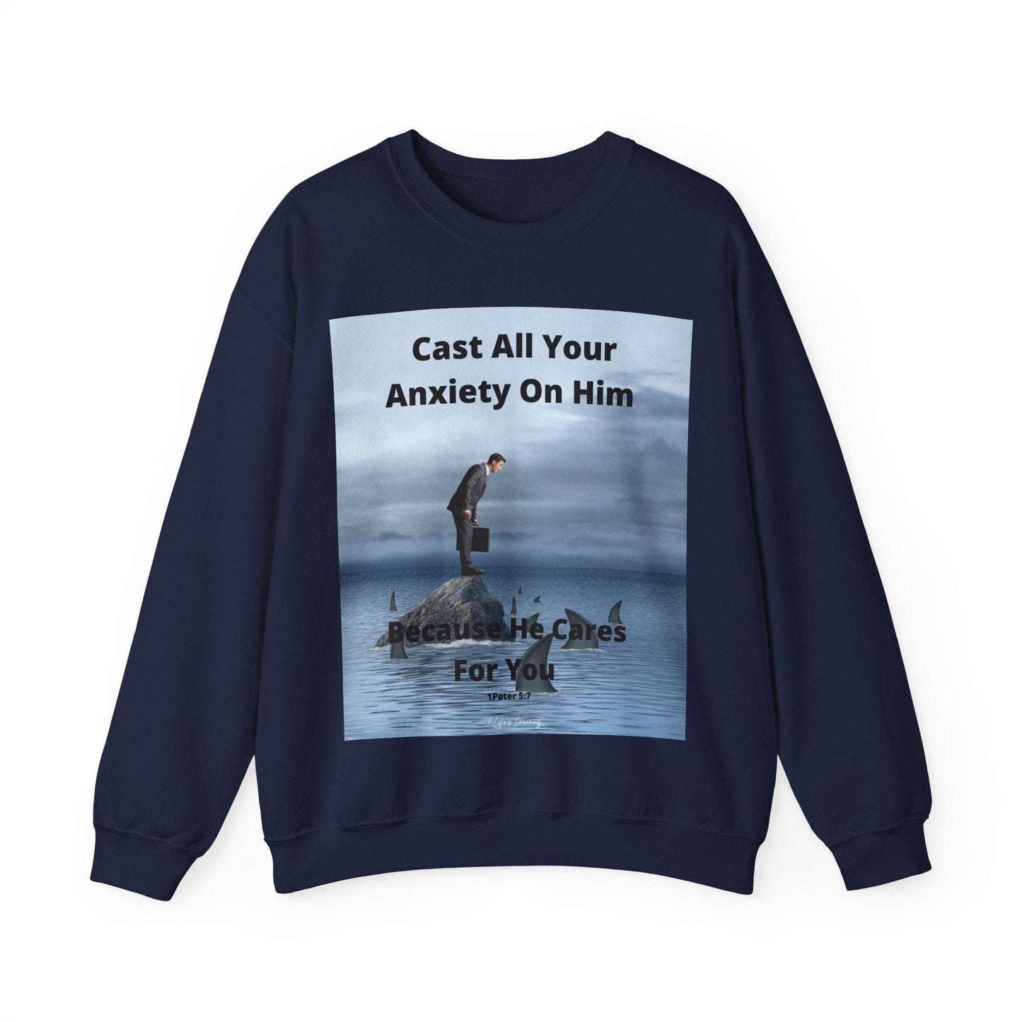 Cast Your Anxiety on Him Sweatshirt – Inspirational Christian Quote with Sharks & Rocks Design