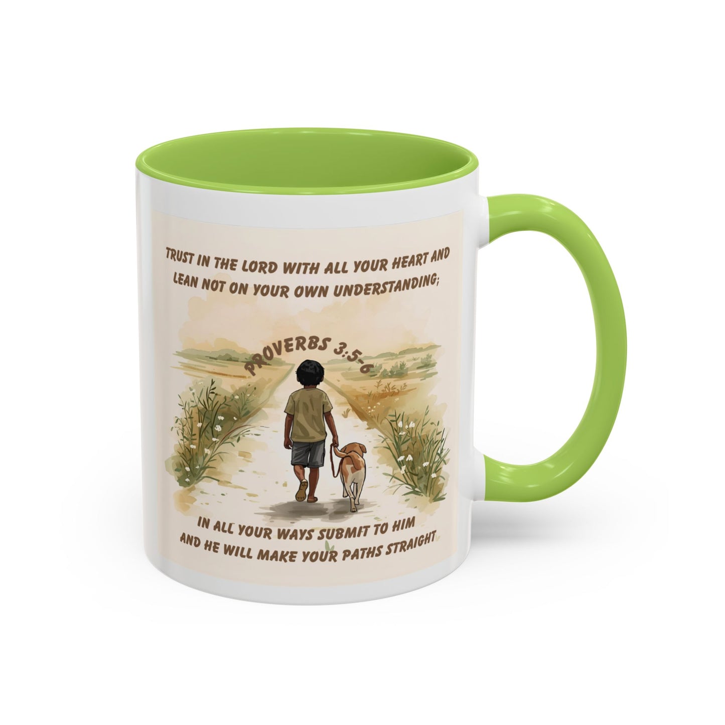 Proverbs 3:5–6 Christian Mug – Trust in the Lord | Dog and Child Walking Path Light Green Accent Coffee Cup