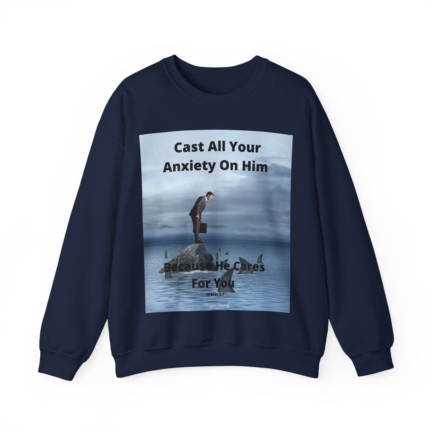 Cast Your Anxiety on Him Sweatshirt – Inspirational Christian Quote with Sharks & Rocks Design