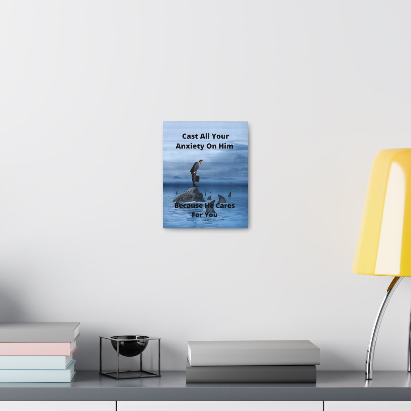 Man on Rock in Ocean with Sharks - Inspirational Art Canvas Featuring Bible Verse for Anxiety Relief