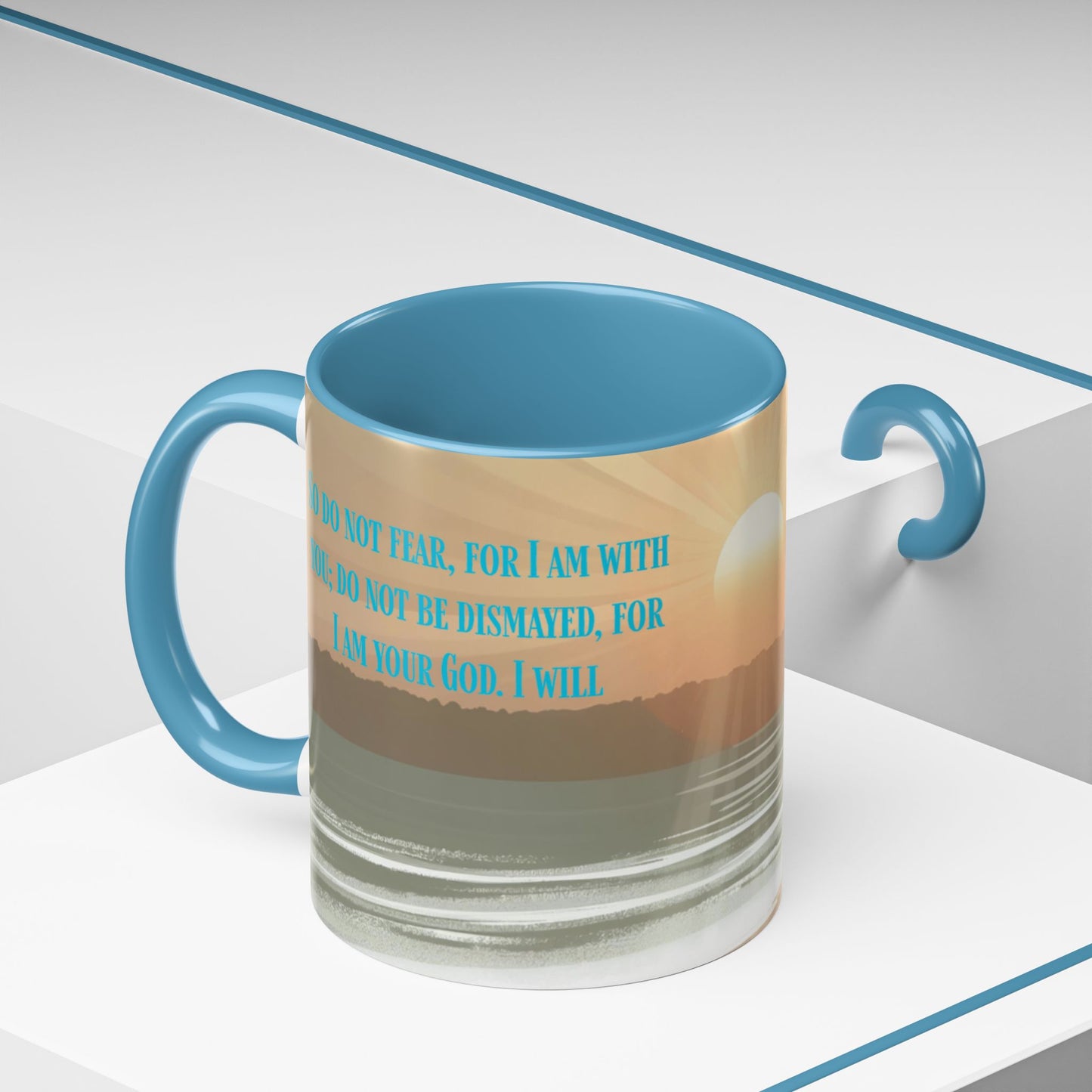 Mug - Isaiah 41:10 Beach Sunrise Gradient Design l Light Blue Accent