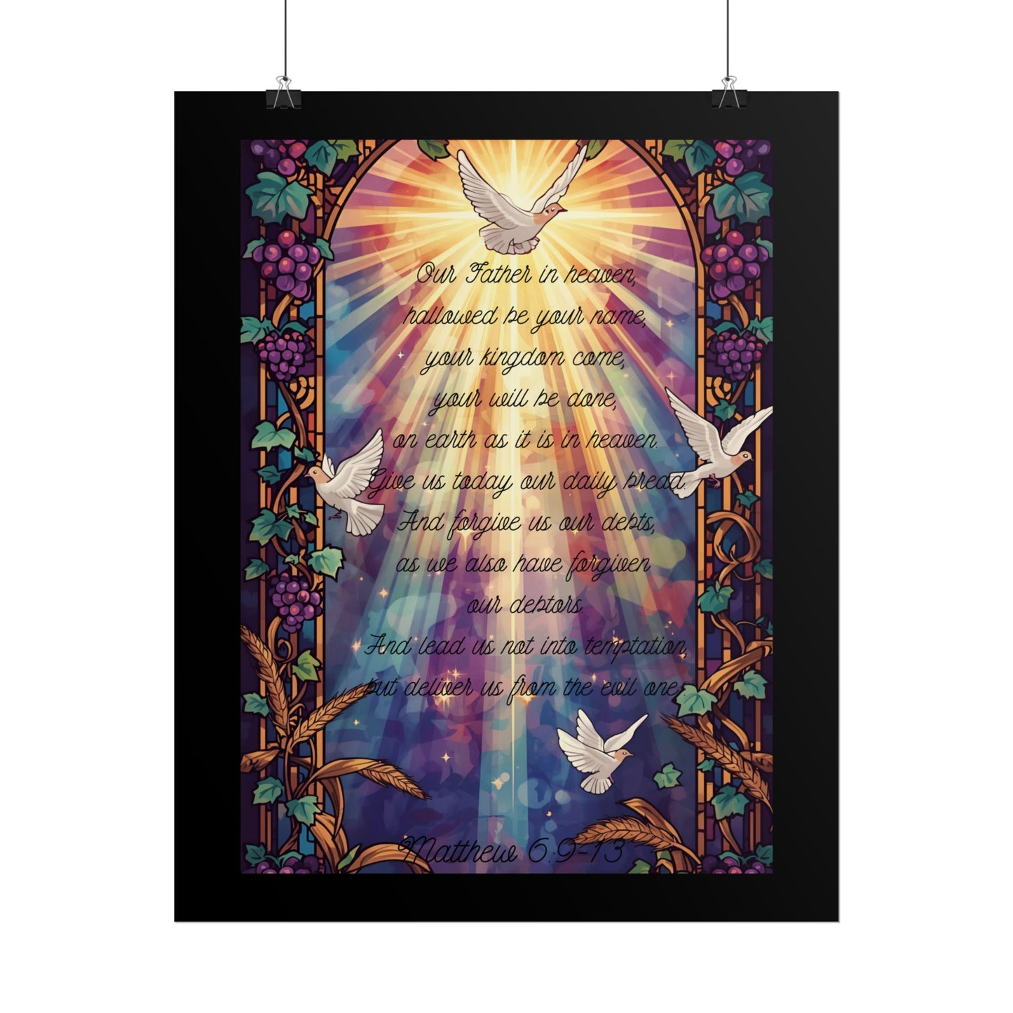 Lord’s Prayer Wall Poster – Stained Glass Christian Art with Vines, Wheat, Grapes & Doves | Matthew 6:9-13 Scripture Print