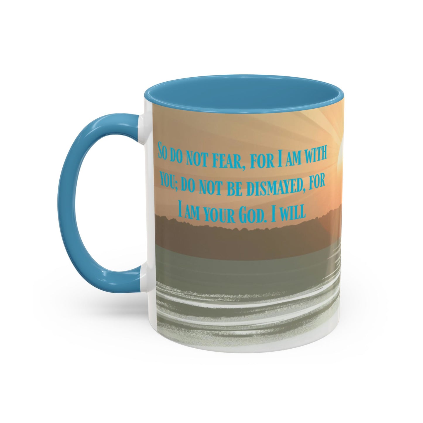 Mug - Isaiah 41:10 Beach Sunrise Gradient Design l Light Blue Accent