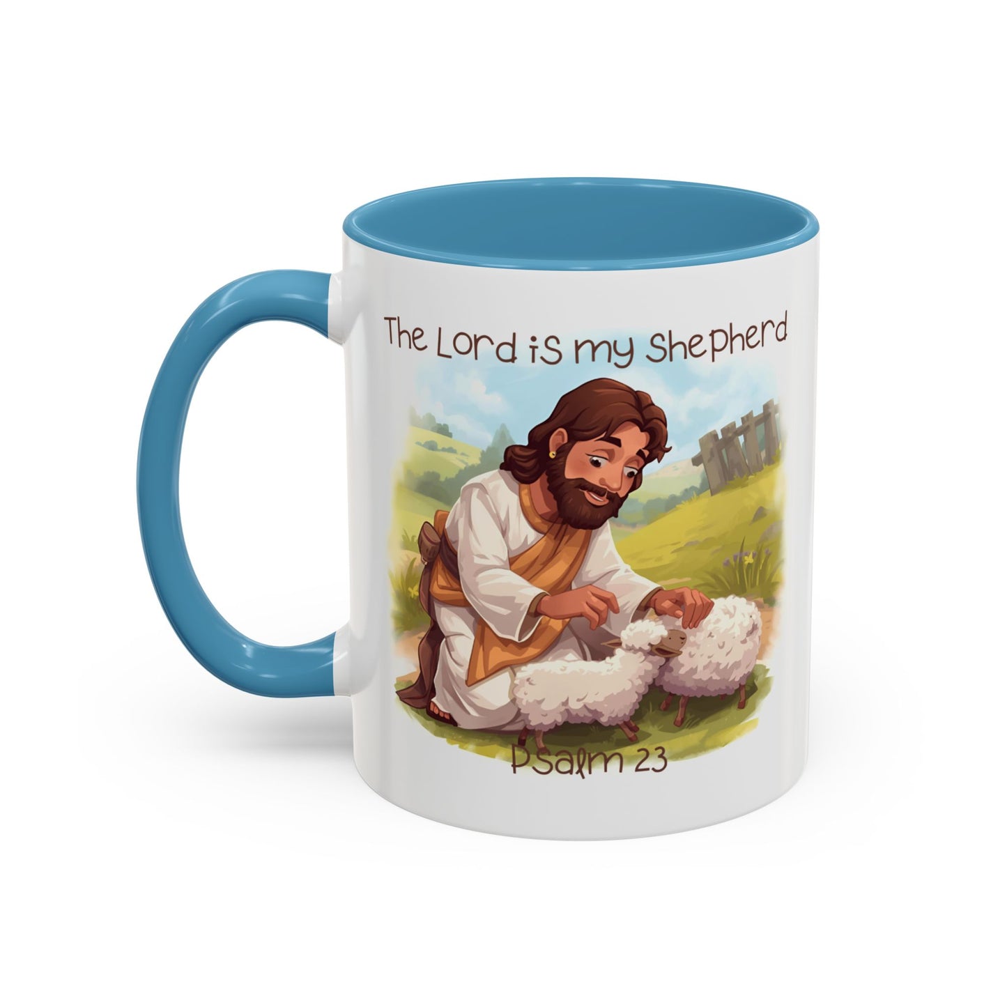 Mug - The Lord is my Shepherd Cartoon Art Design - Light Green/Blue Accent
