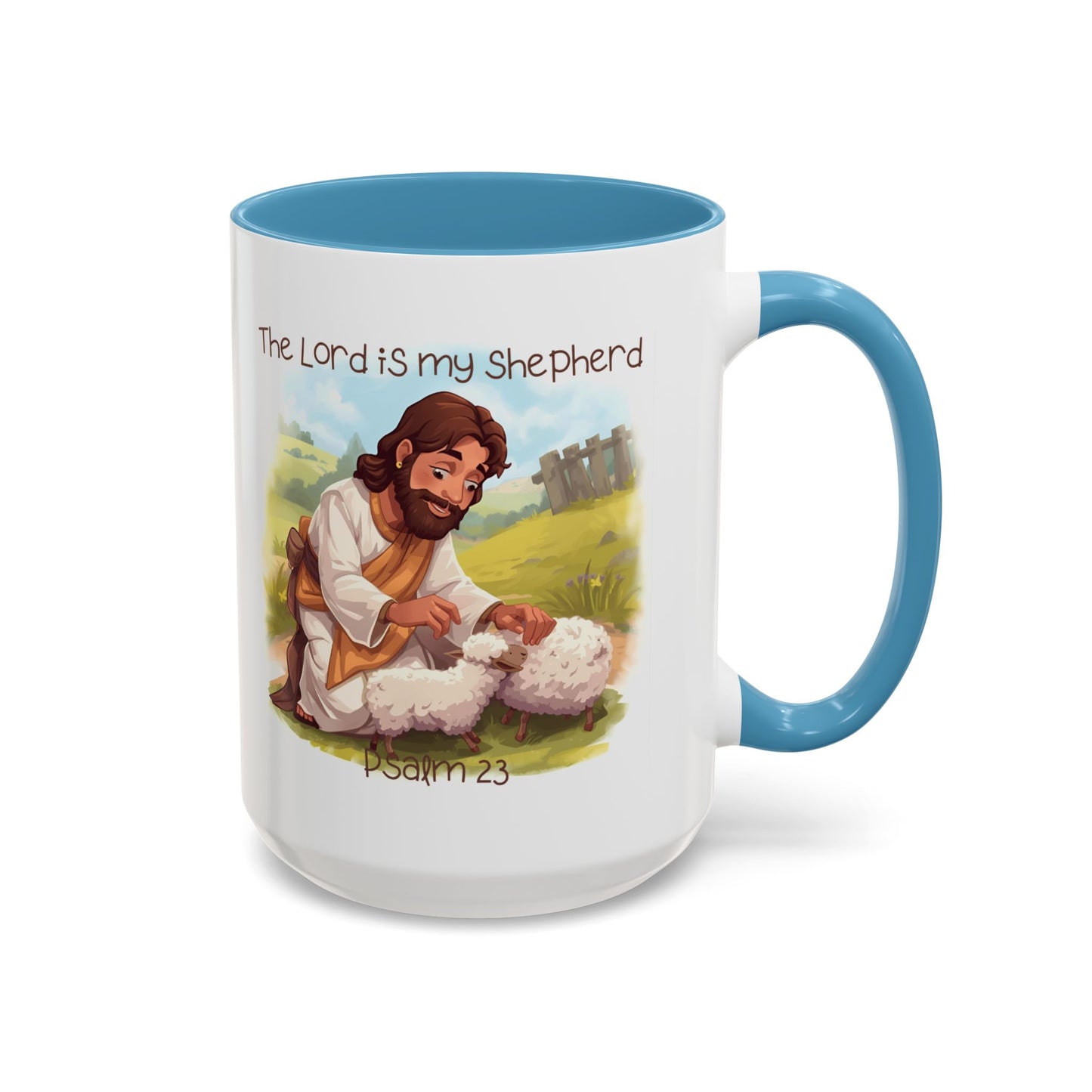Mug - The Lord is my Shepherd Cartoon Art Design - Light Green/Blue Accent