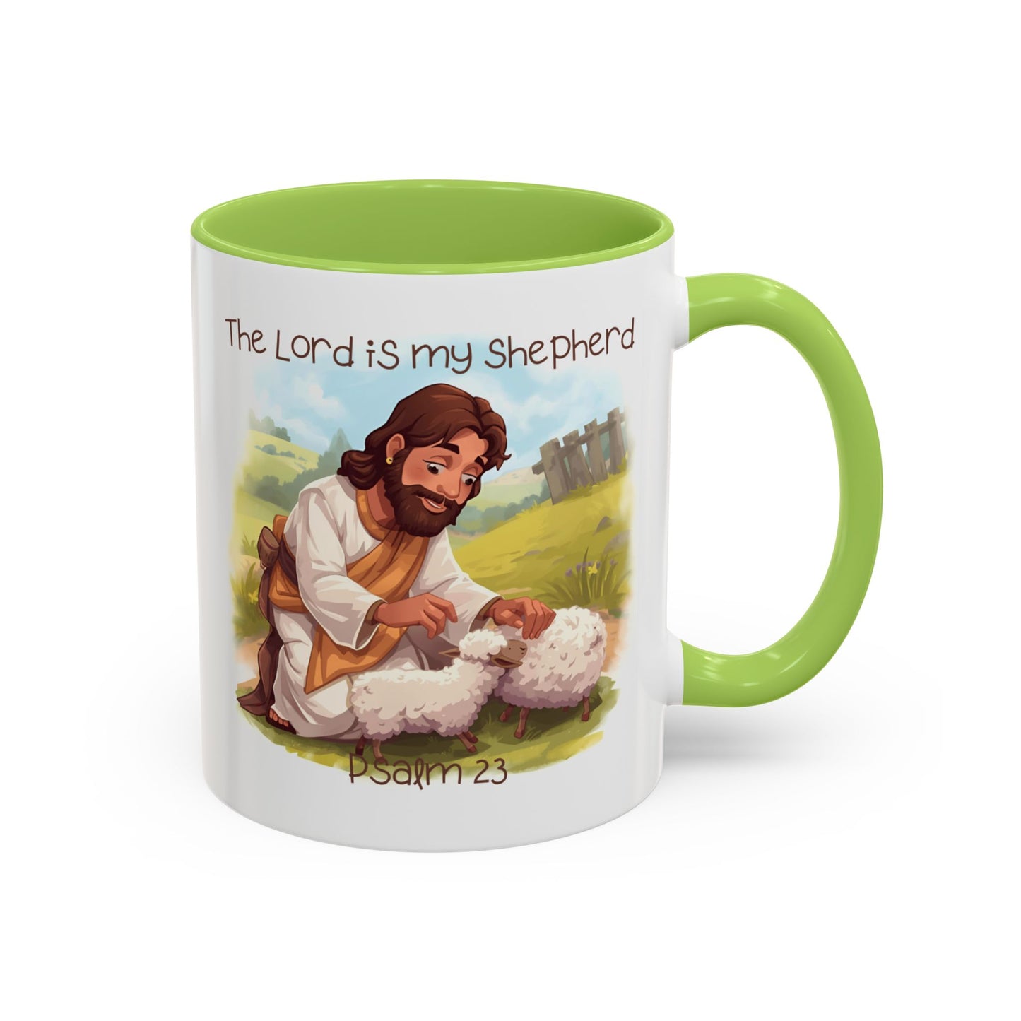 Mug - The Lord is my Shepherd Cartoon Art Design - Light Green/Blue Accent