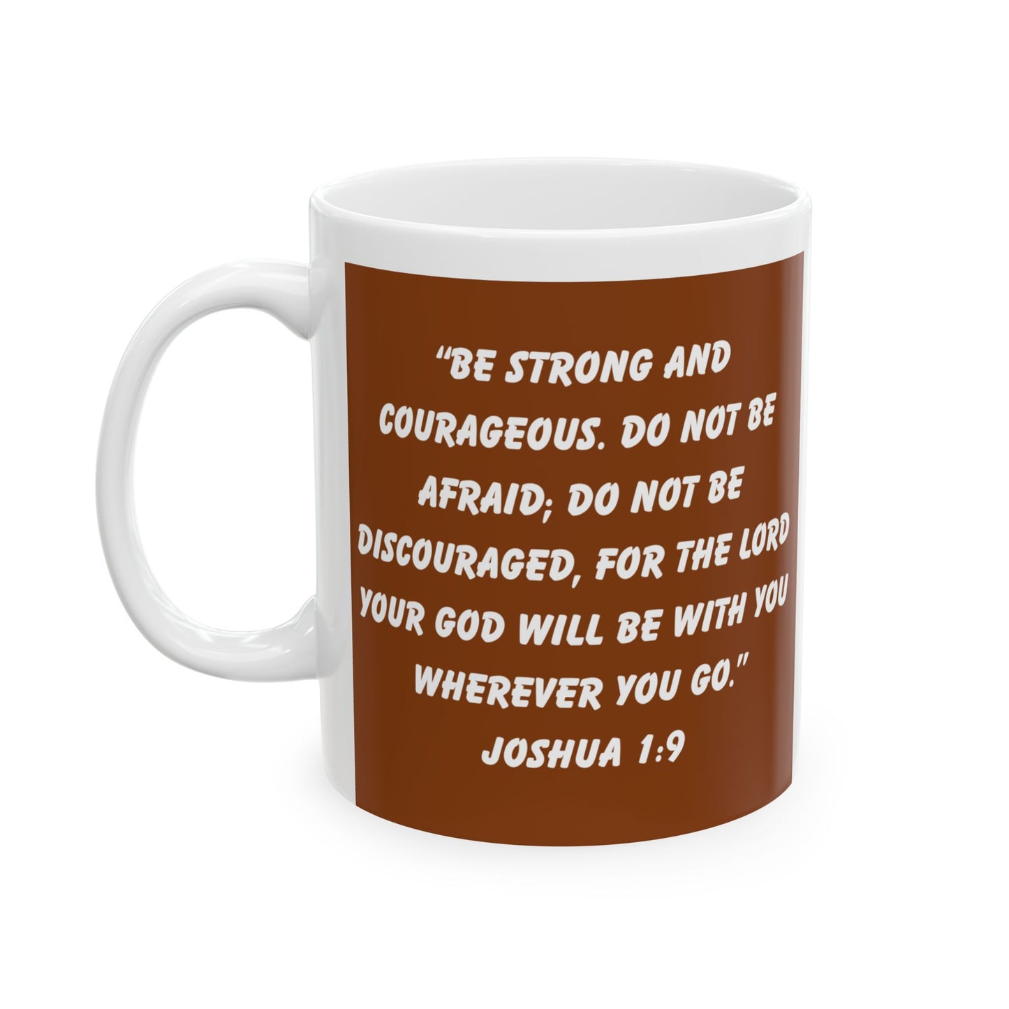 Joshua 1:9 Mug – Sunrise Winding Path Christian Coffee Cup with Woman and Dog Silhouette “Be Strong and Courageous”