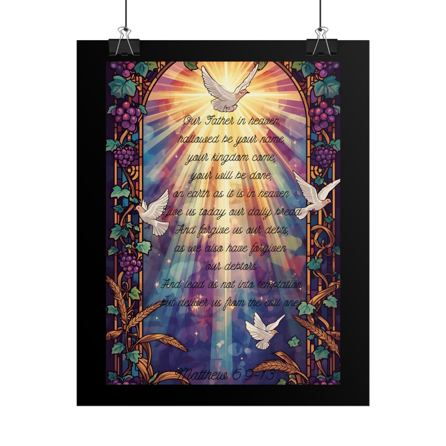 Lord’s Prayer Wall Poster – Stained Glass Christian Art with Vines, Wheat, Grapes & Doves | Matthew 6:9-13 Scripture Print