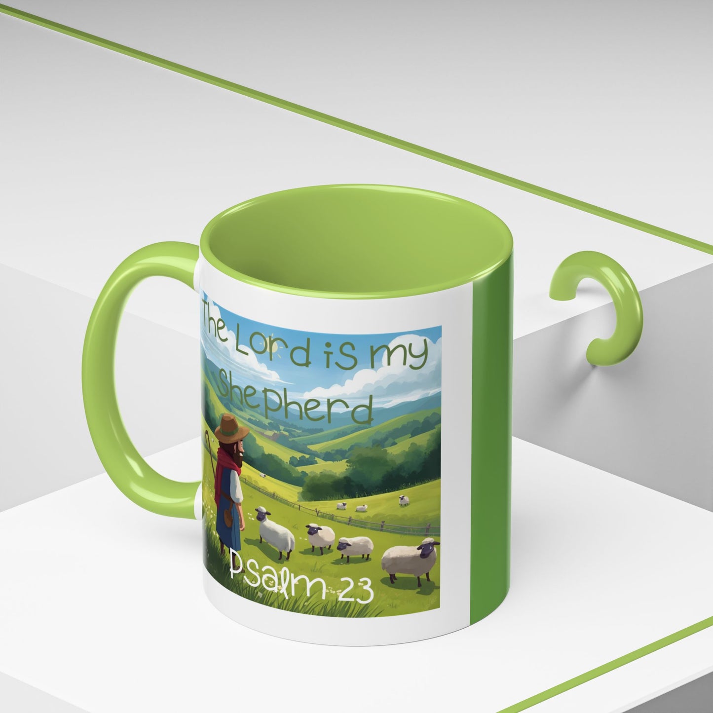 Mug with Psalm 23 Cartoon Style Design Shepherd Watching Over His Sheep in Pasture