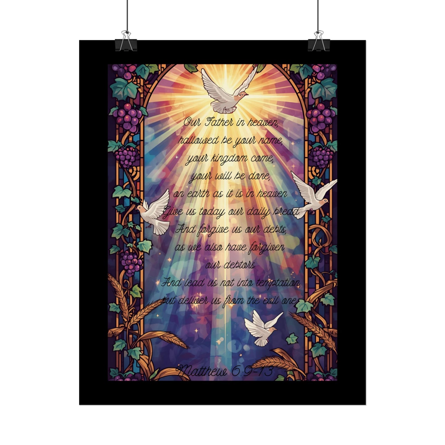 Lord’s Prayer Wall Poster – Stained Glass Christian Art with Vines, Wheat, Grapes & Doves | Matthew 6:9-13 Scripture Print