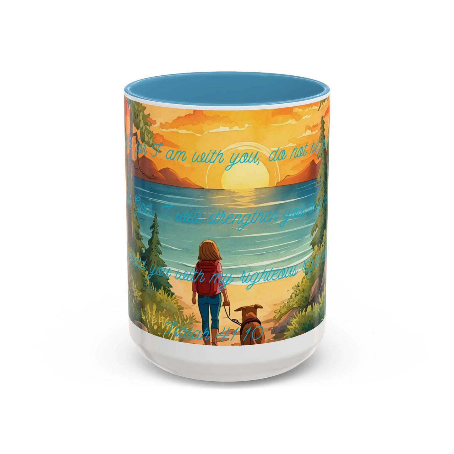 Mug - Woman and Dog Walking Towards Light with Isaiah 41:10 Verse