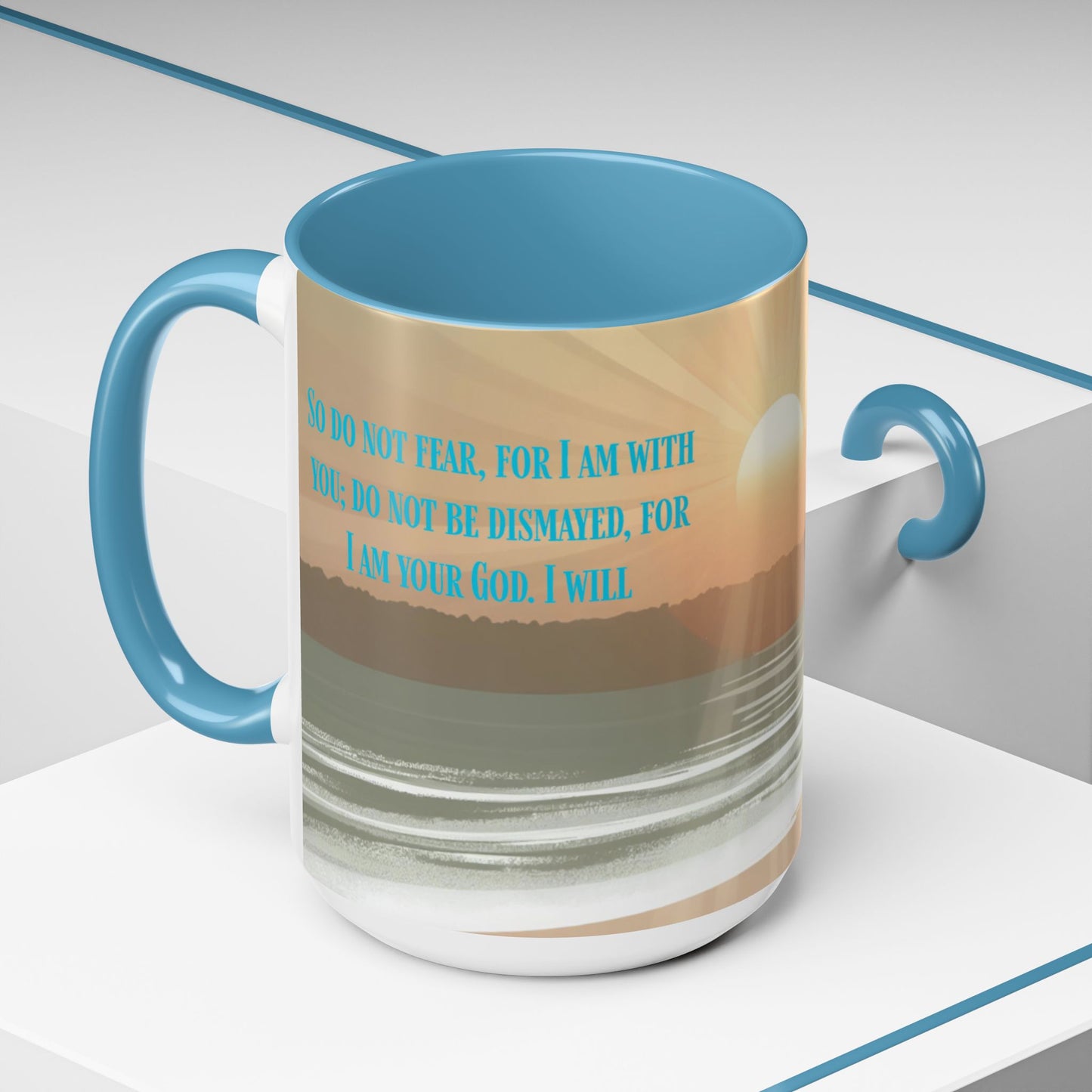 Mug - Isaiah 41:10 Beach Sunrise Gradient Design l Light Blue Accent