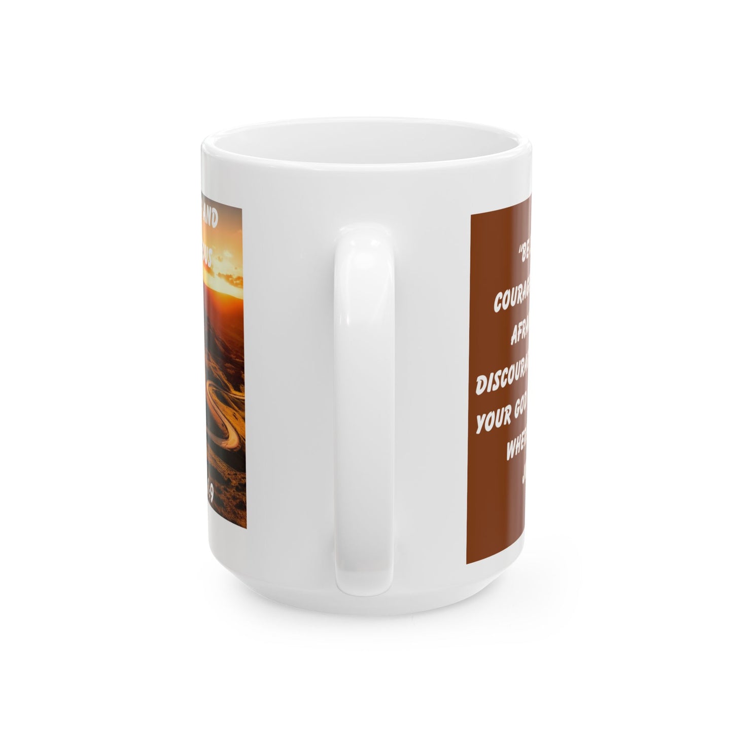 Joshua 1:9 Mug – Sunrise Winding Path Christian Coffee Cup with Woman and Dog Silhouette “Be Strong and Courageous”