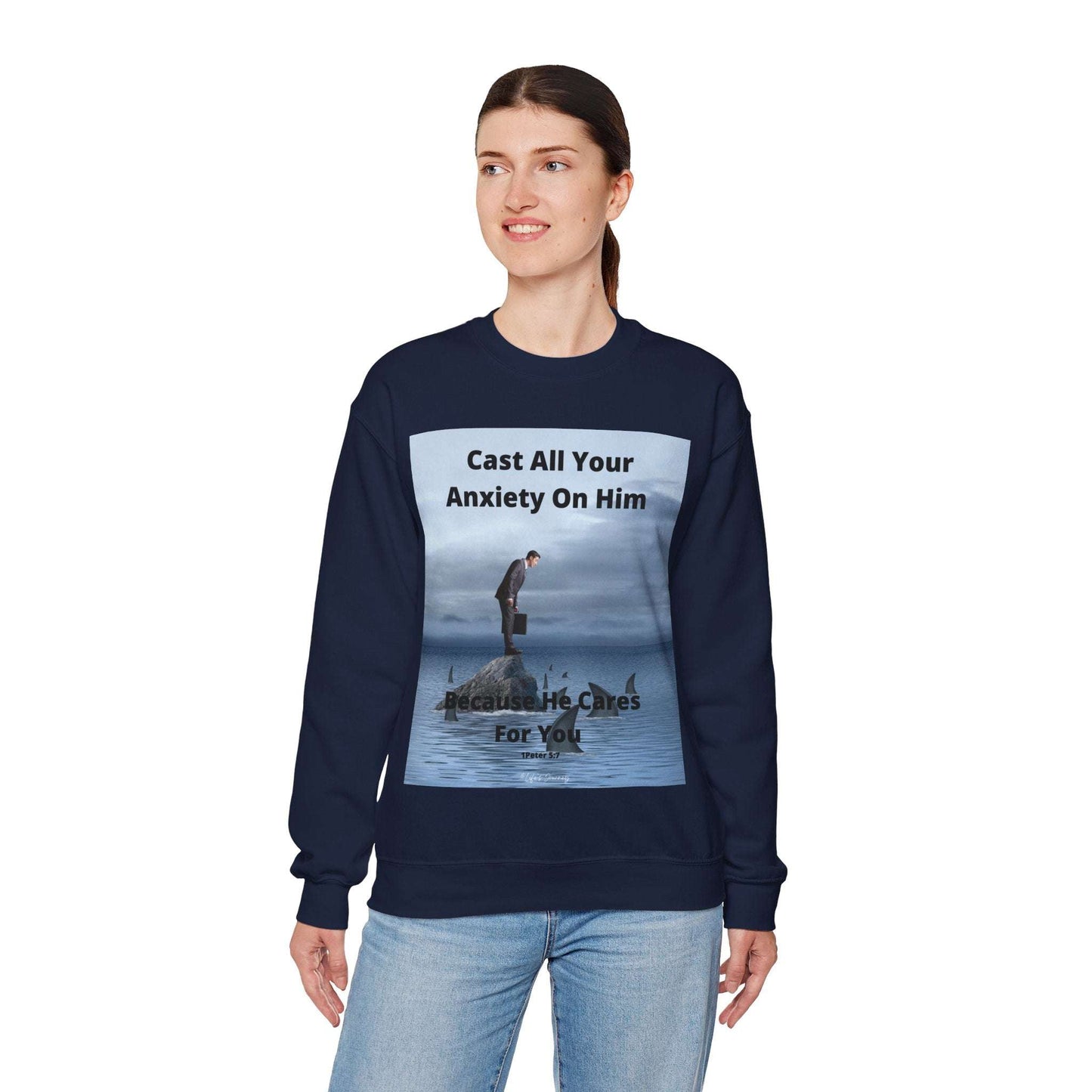 Cast Your Anxiety on Him Sweatshirt – Inspirational Christian Quote with Sharks & Rocks Design