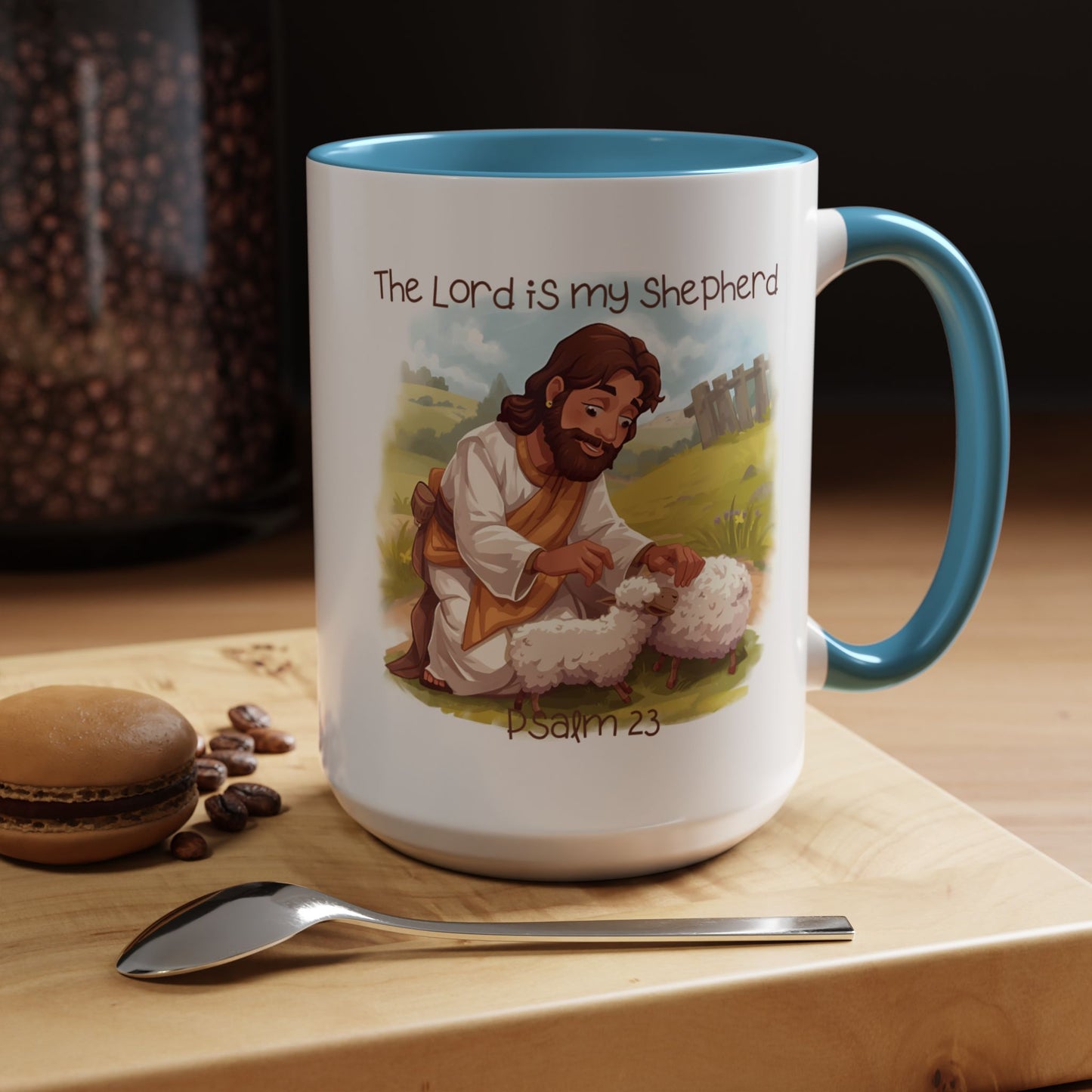 Mug - The Lord is my Shepherd Cartoon Art Design - Light Green/Blue Accent