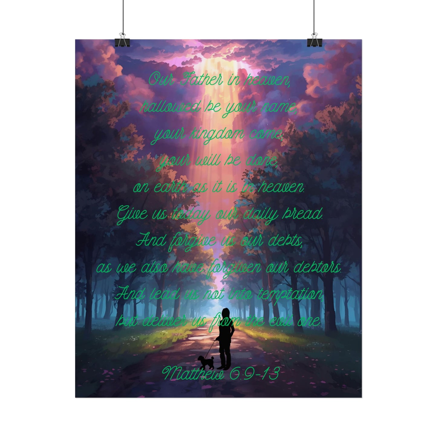 Lord’s Prayer Wall Poster – Woman & Dog Silhouette on Forest Trail with Light Rays | Matthew 6:9-13 Scripture Art