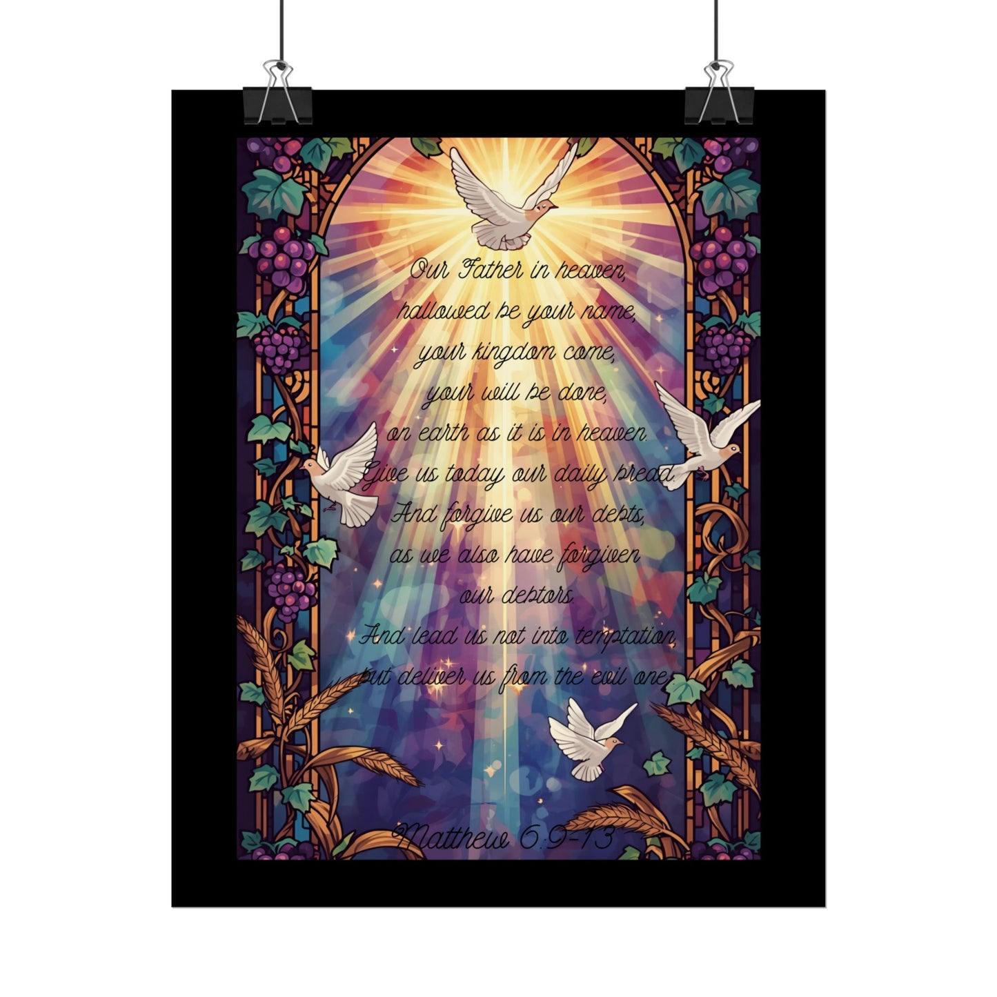Lord’s Prayer Wall Poster – Stained Glass Christian Art with Vines, Wheat, Grapes & Doves | Matthew 6:9-13 Scripture Print