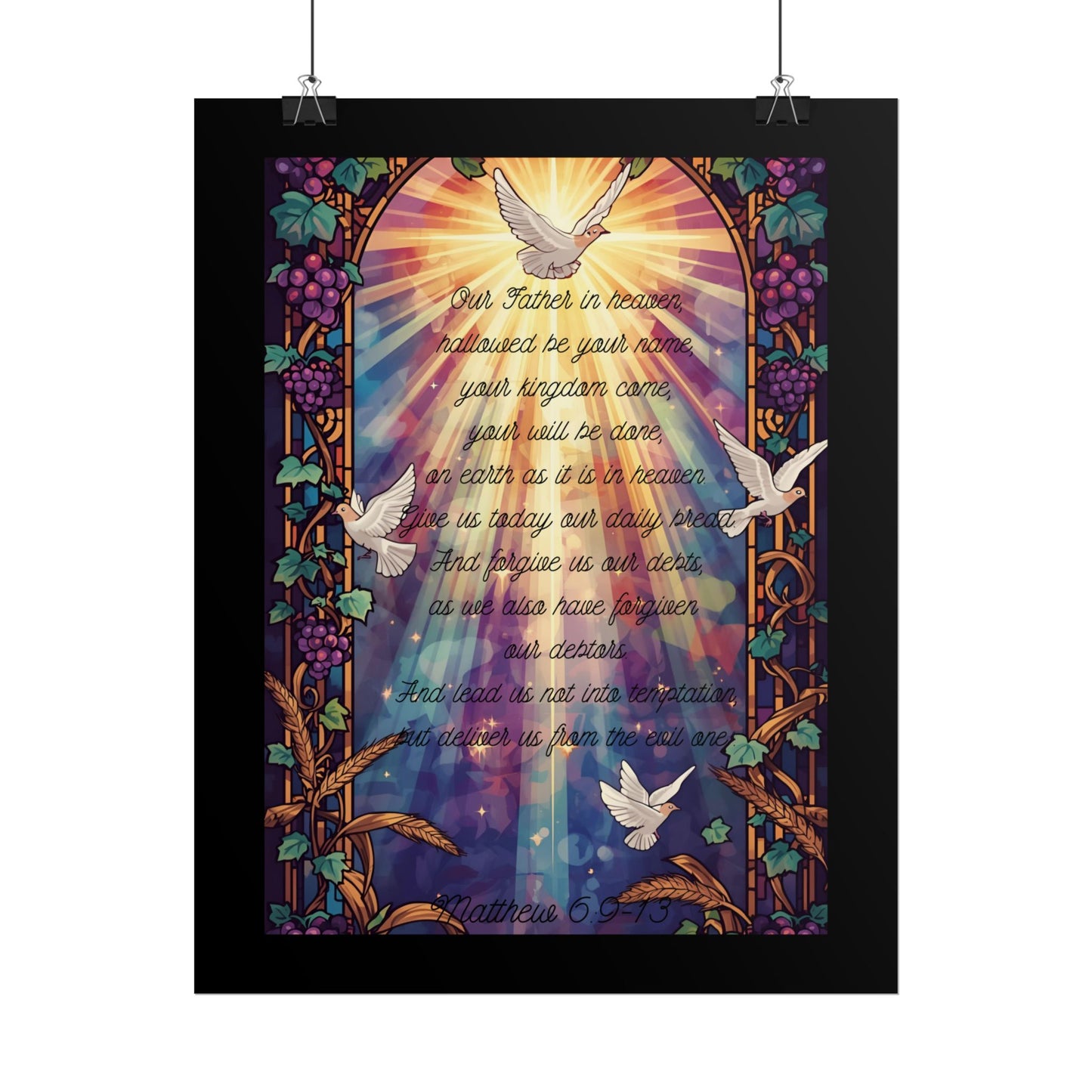 Lord’s Prayer Wall Poster – Stained Glass Christian Art with Vines, Wheat, Grapes & Doves | Matthew 6:9-13 Scripture Print