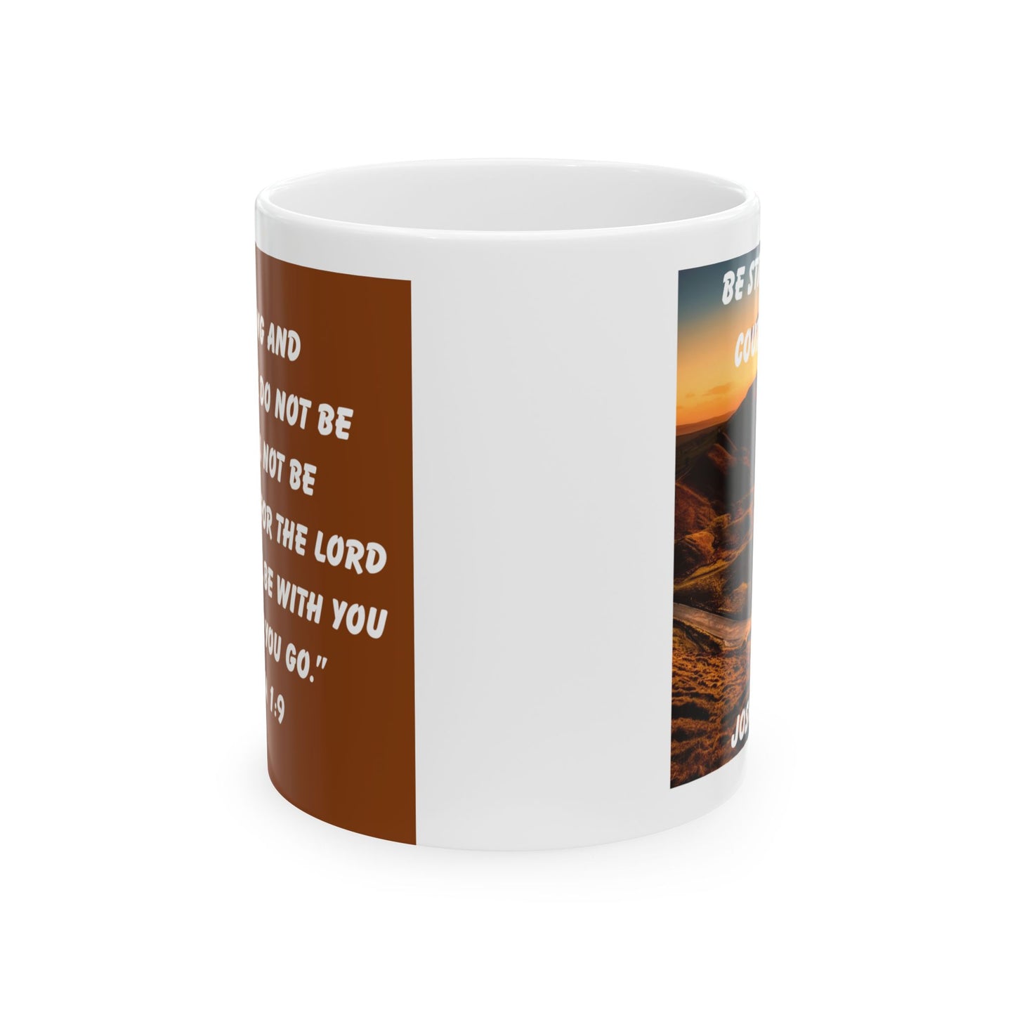 Joshua 1:9 Mug – Sunrise Winding Path Christian Coffee Cup with Woman and Dog Silhouette “Be Strong and Courageous”