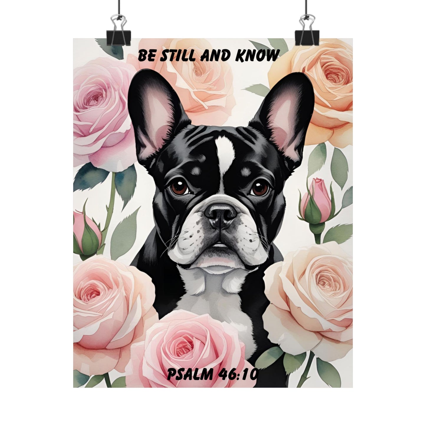 French Bulldog Wall Art – "Be Still and Know" – Psalm 46:10 Christian Dog Lover Pastel Rose Print