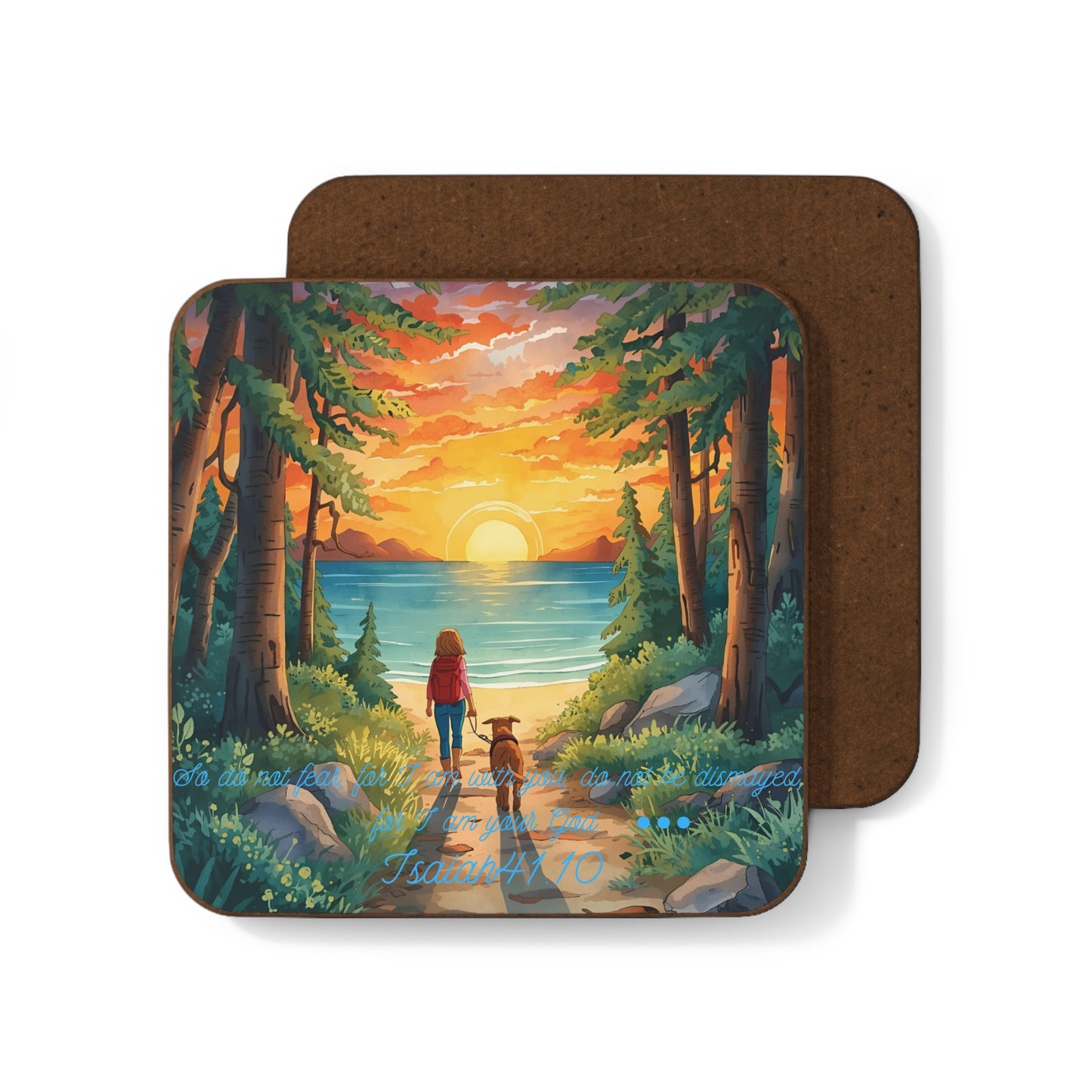 Christian Coaster with Person and Dog Walking Forest Path to Beach – Isaiah 41:10 Inspirational Bible Verse Drink Coaster
