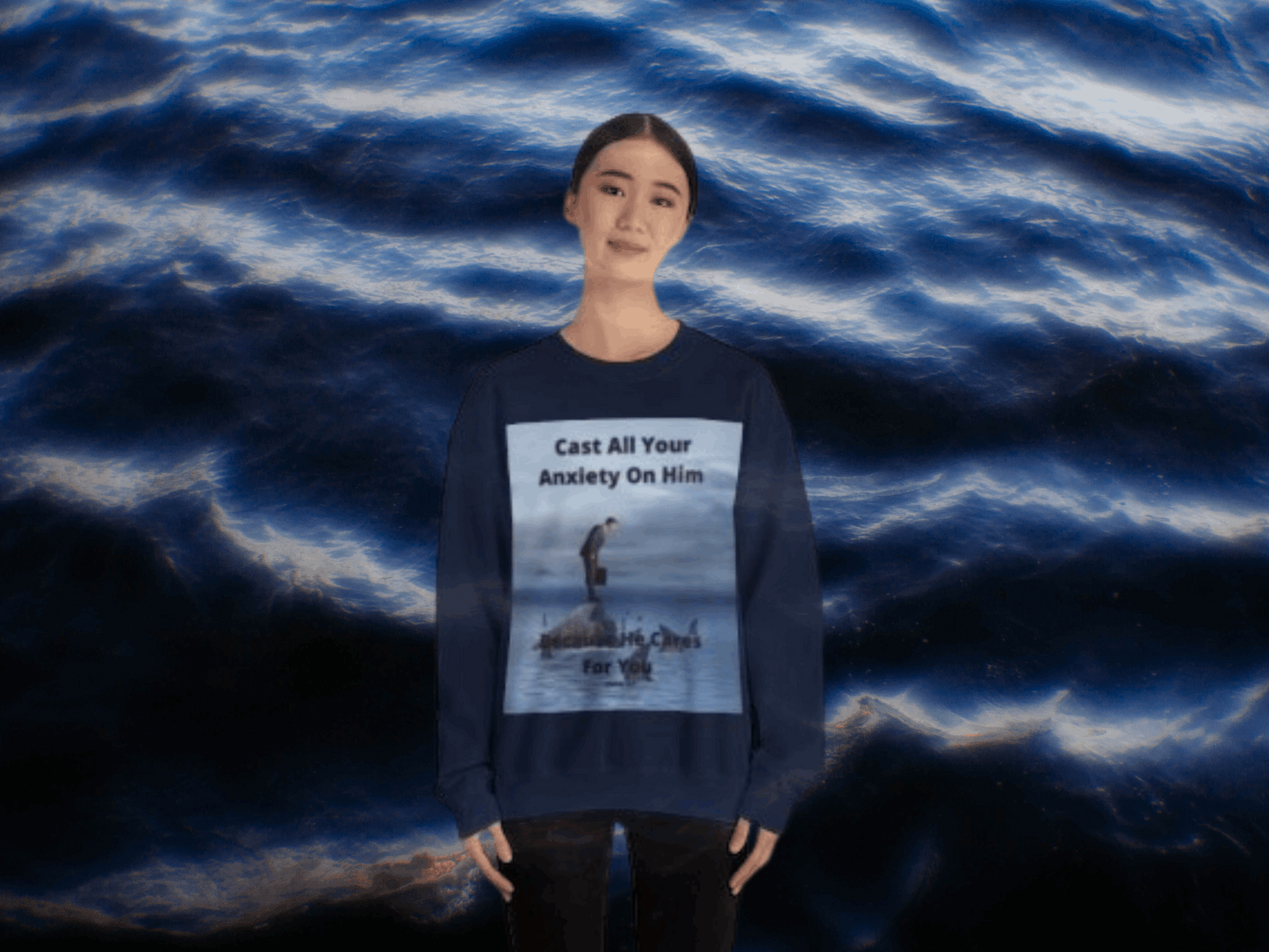 Cast Your Anxiety on Him Sweatshirt – Inspirational Christian Quote with Sharks & Rocks Design
