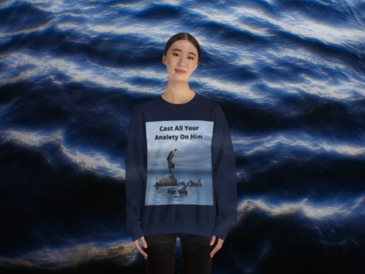 Cast Your Anxiety on Him Sweatshirt – Inspirational Christian Quote with Sharks & Rocks Design