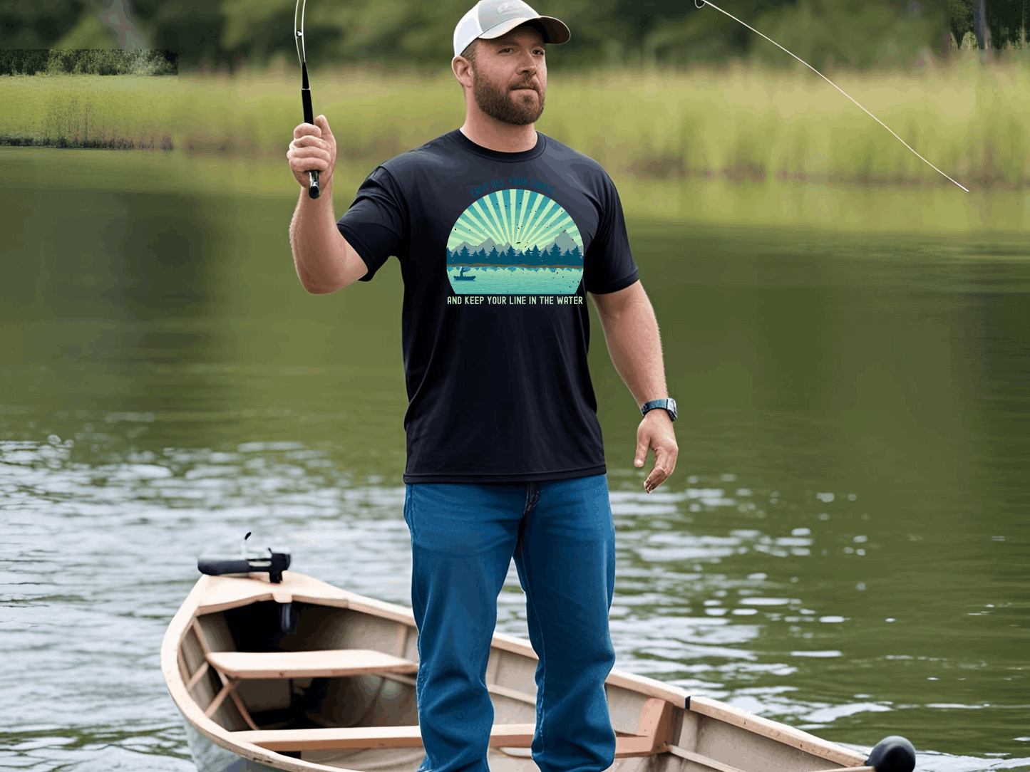 "Cast All Your Cares and Keep Your Line in the Water" – Retro Fishing Faith T-Shirt | Inspirational Tee