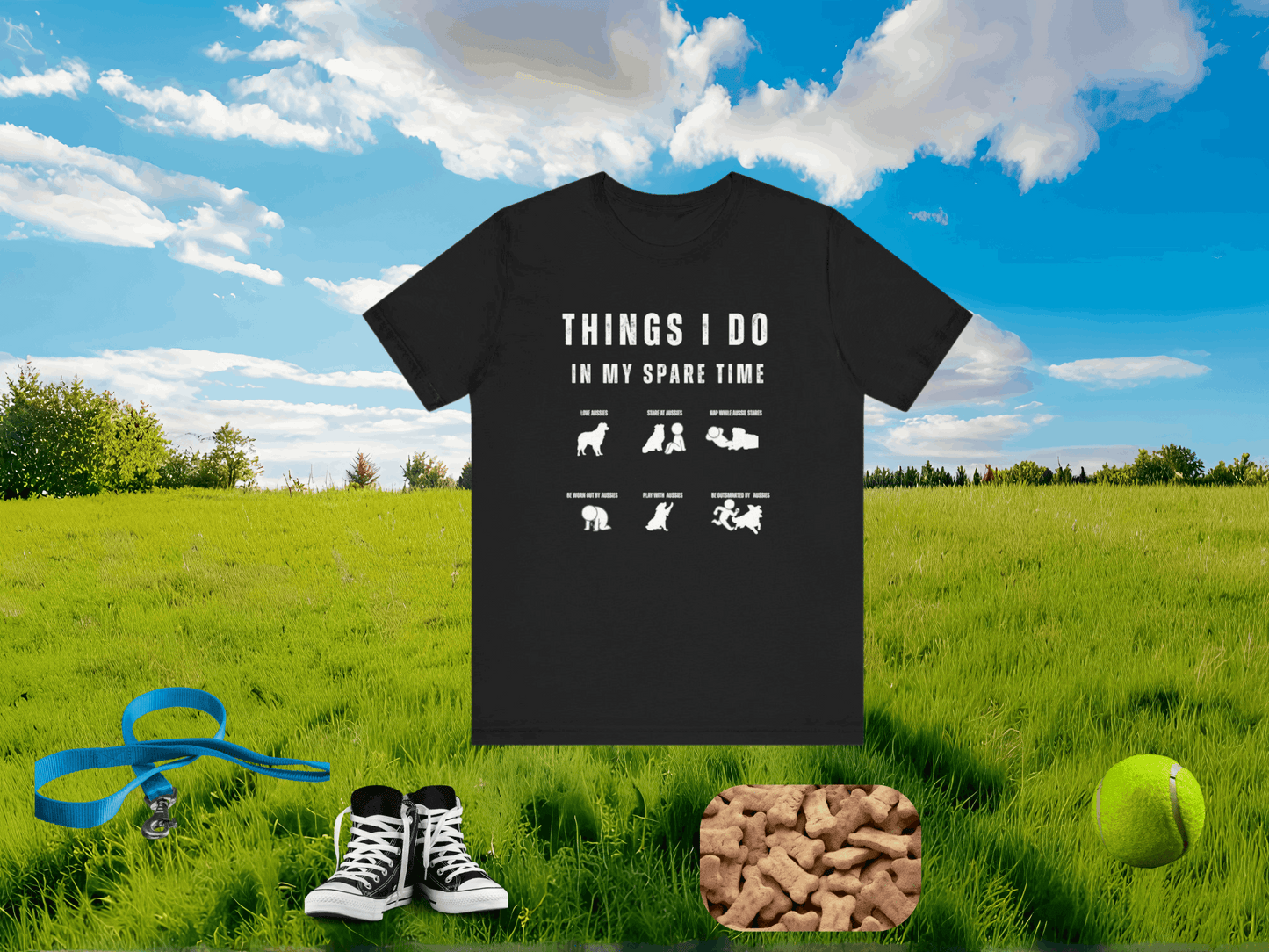 Things I Do in My Spare Time Aussie T-Shirt | Australian Shepherd Dog Lover Tee | White Silhouette Humor