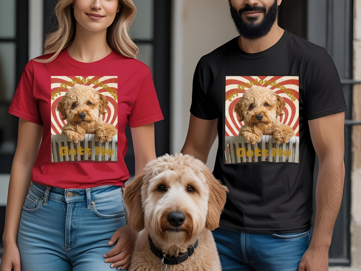 "Goldendoodle Sunset Retro T-Shirt – ‘My Goldendoodle Gets Me’ – Perfect for Dog Lovers"