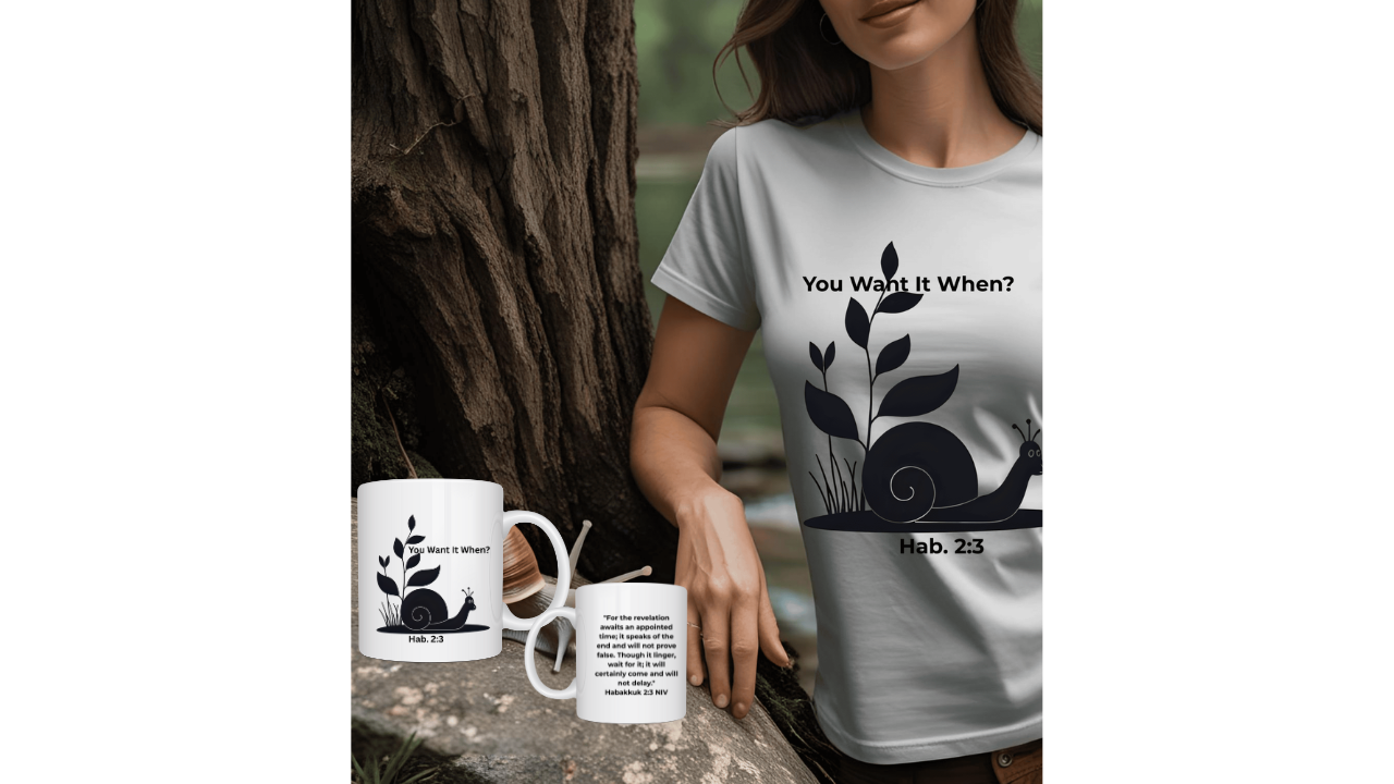 Funny Christian Mug – Snail ‘You Want It When?’ with Habakkuk 2:3 | Faith Humor Mug on God’s Timing