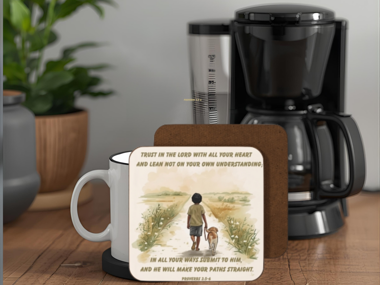 Proverbs 3:5–6 Bible Verse Coaster – Trust in the Lord | Child and Dog Walking Path Design