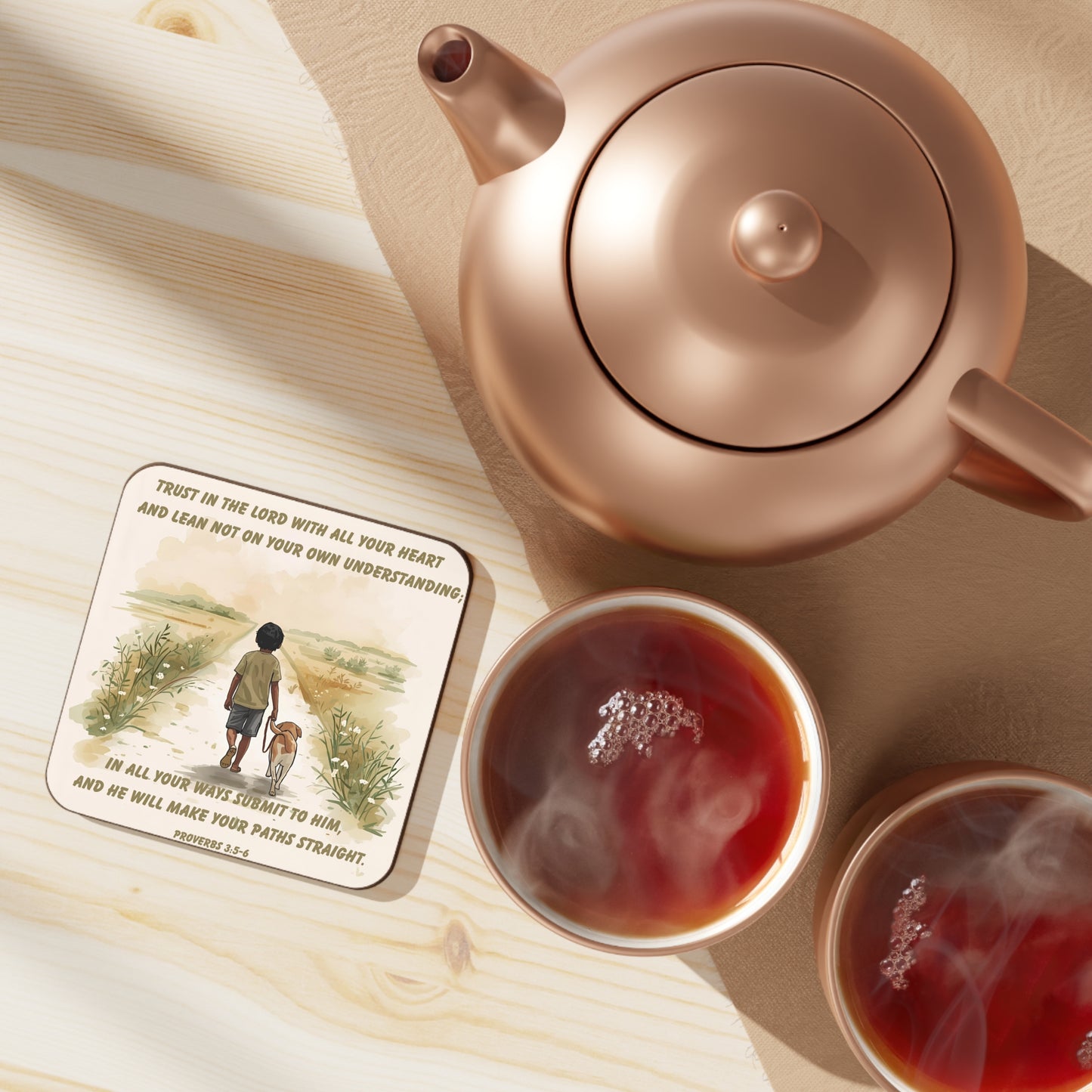 Proverbs 3:5–6 Bible Verse Coaster – Trust in the Lord | Child and Dog Walking Path Design