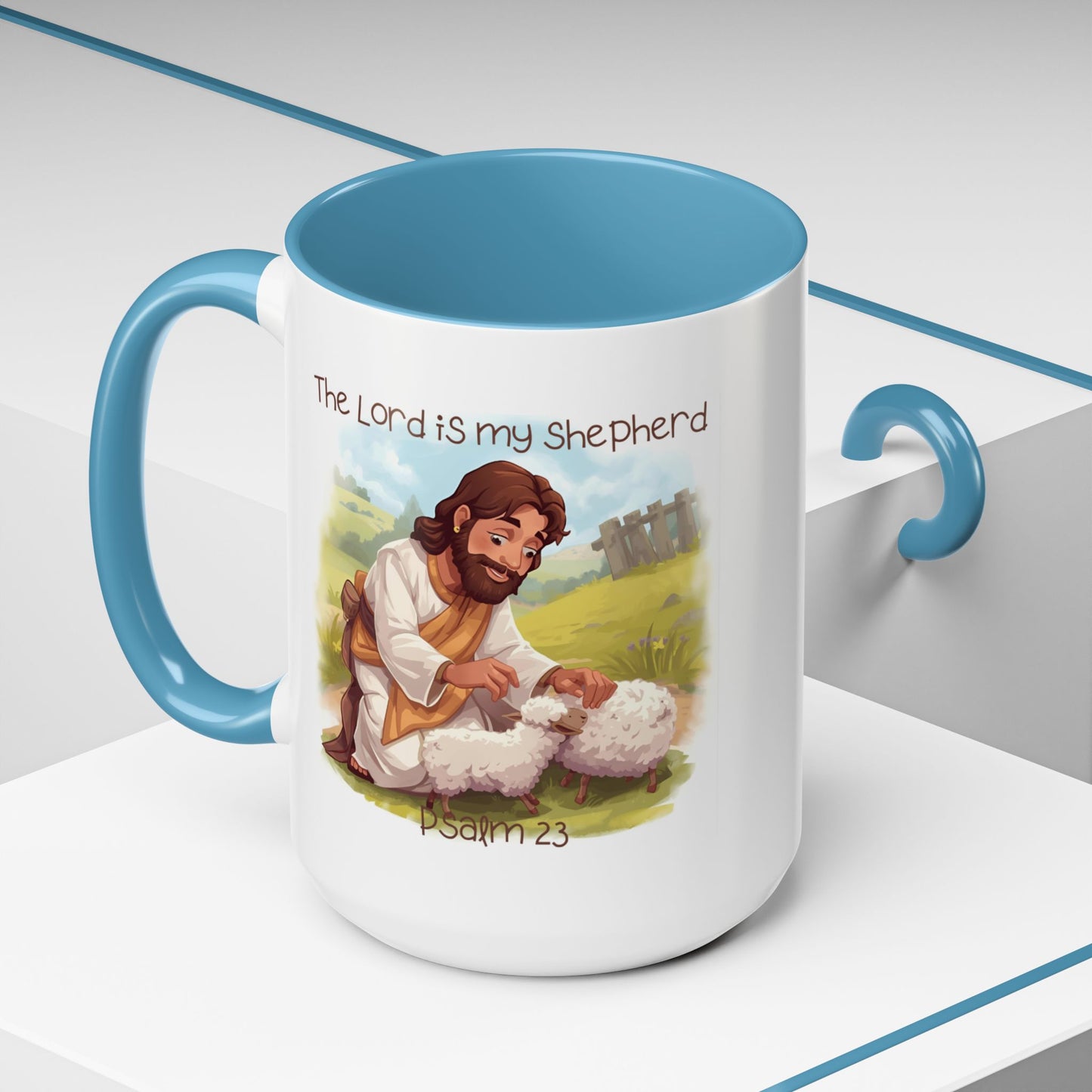 Mug - The Lord is my Shepherd Cartoon Art Design - Light Green/Blue Accent