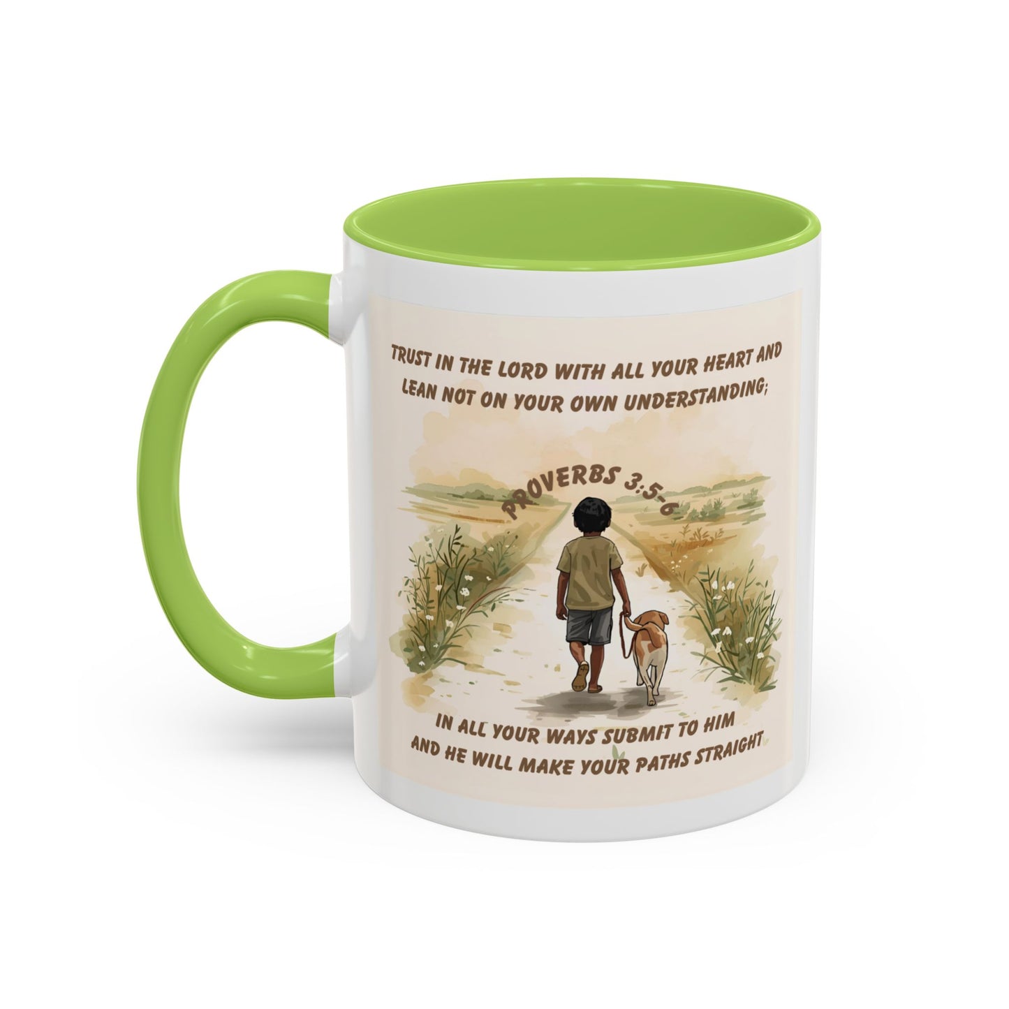 Proverbs 3:5–6 Christian Mug – Trust in the Lord | Dog and Child Walking Path Light Green Accent Coffee Cup