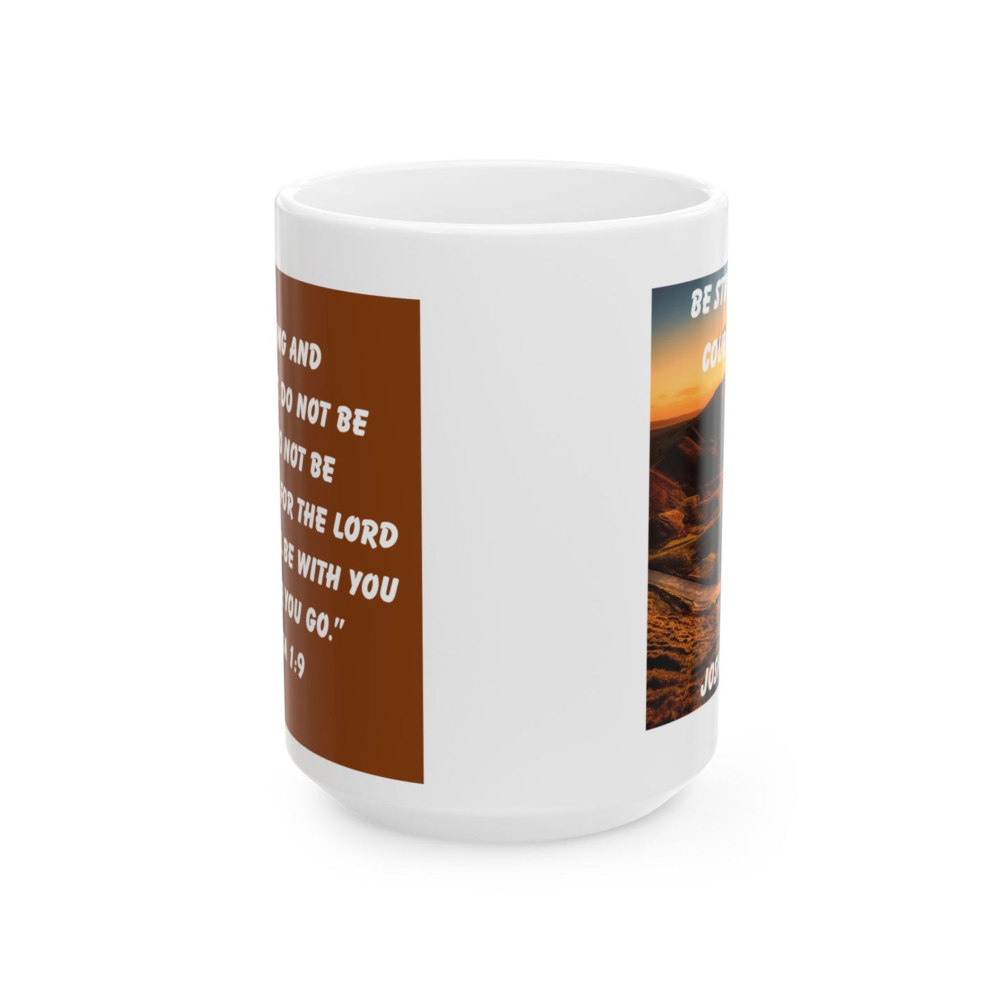 Joshua 1:9 Mug – Sunrise Winding Path Christian Coffee Cup with Woman and Dog Silhouette “Be Strong and Courageous”