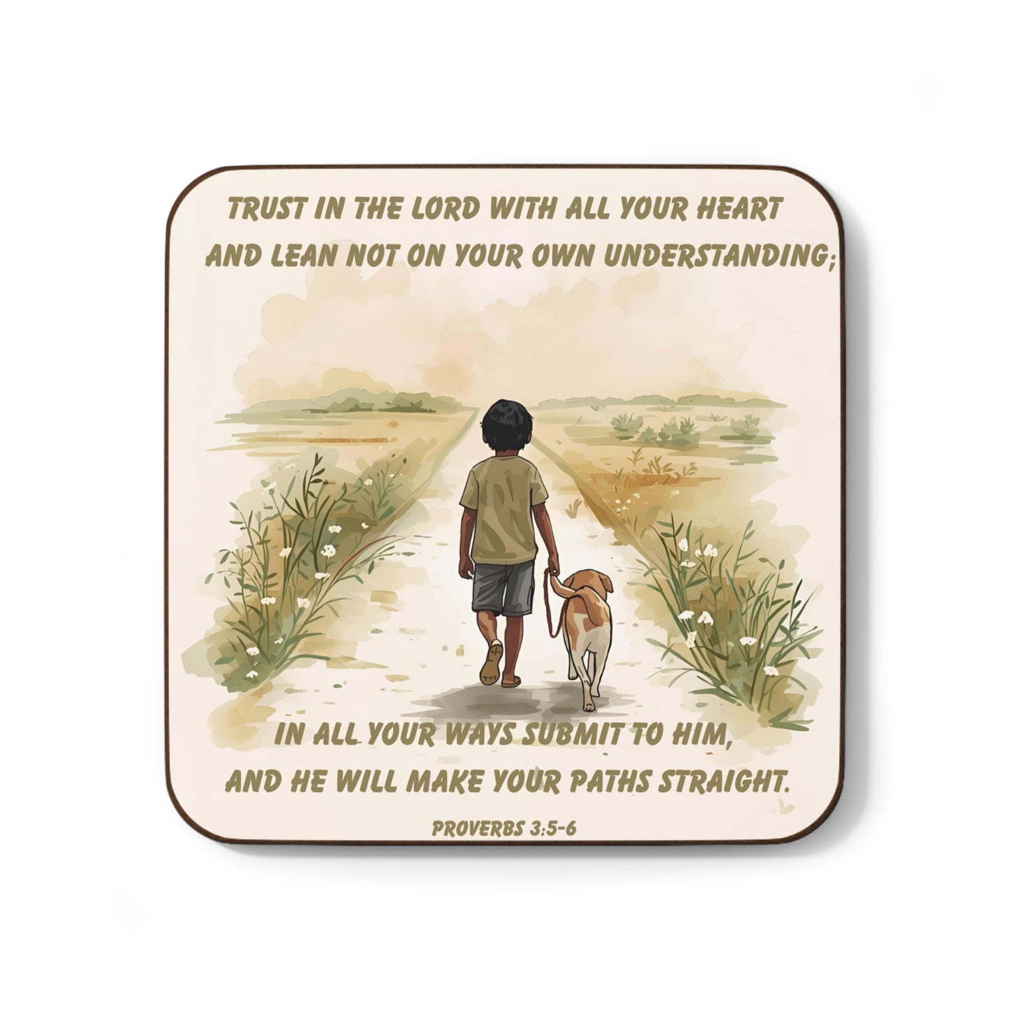 Proverbs 3:5–6 Bible Verse Coaster – Trust in the Lord | Child and Dog Walking Path Design