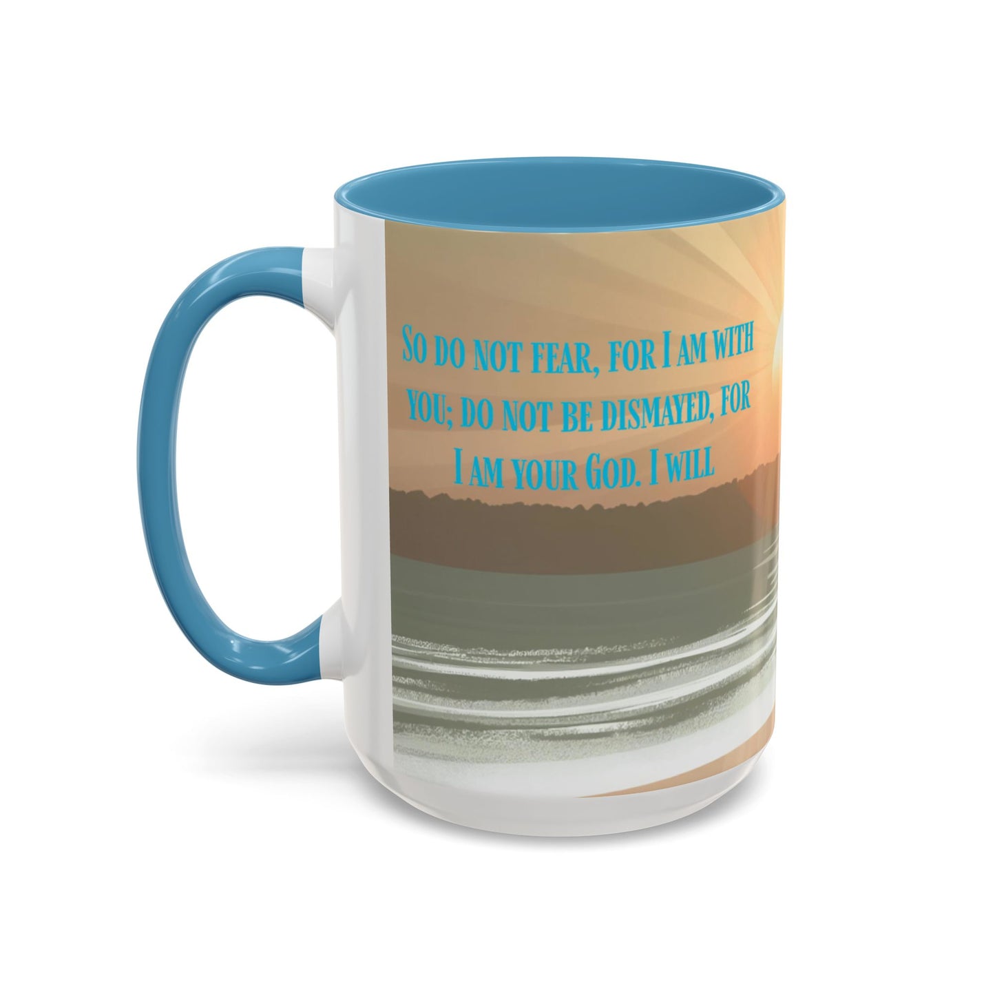 Mug - Isaiah 41:10 Beach Sunrise Gradient Design l Light Blue Accent