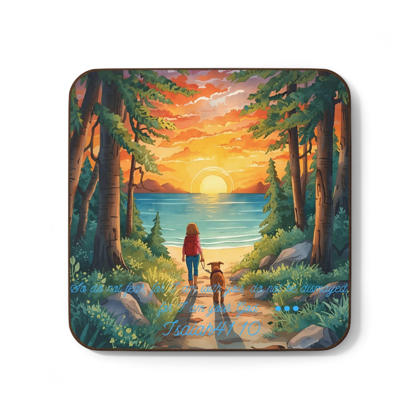 Christian Coaster with Person and Dog Walking Forest Path to Beach – Isaiah 41:10 Inspirational Bible Verse Drink Coaster