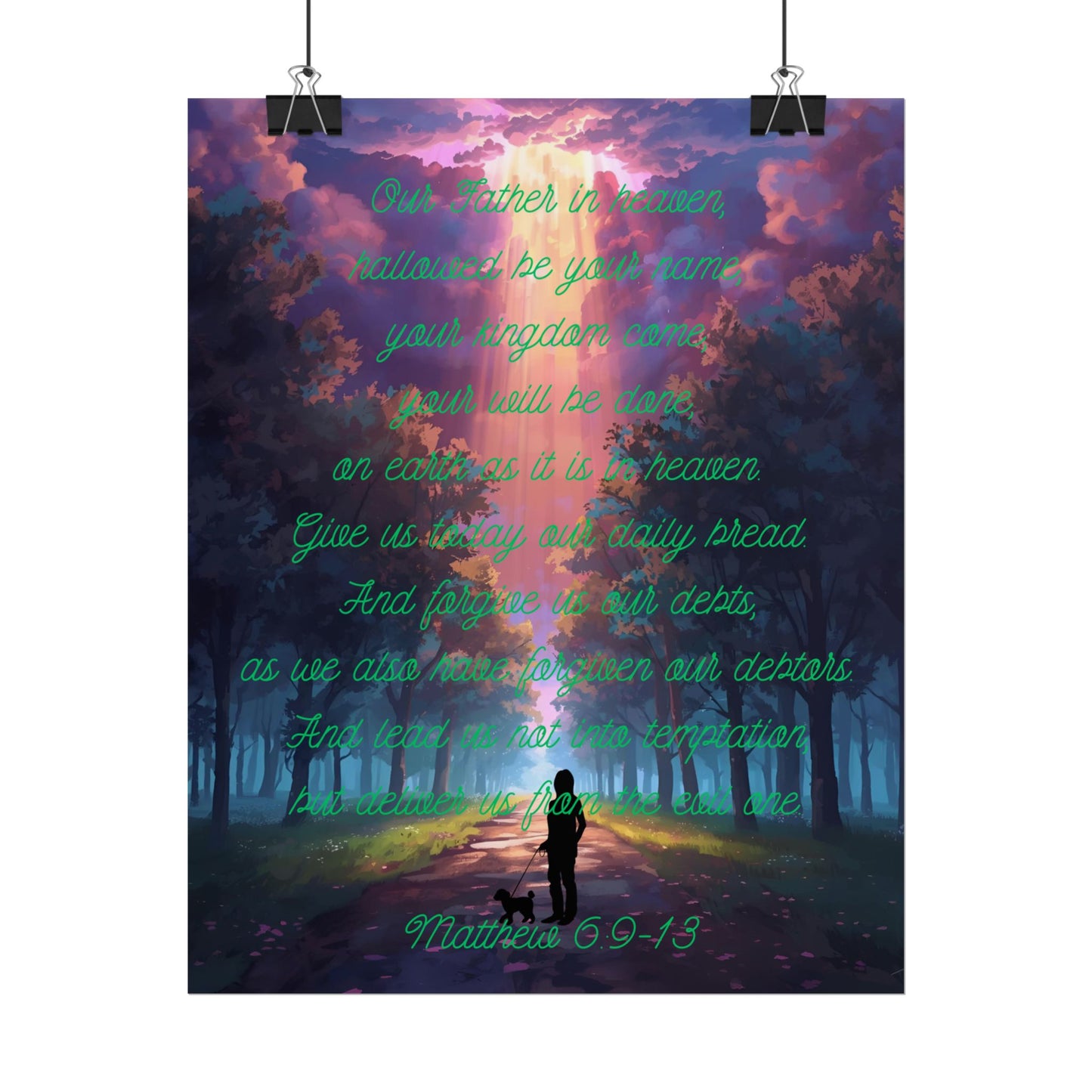 Lord’s Prayer Wall Poster – Woman & Dog Silhouette on Forest Trail with Light Rays | Matthew 6:9-13 Scripture Art