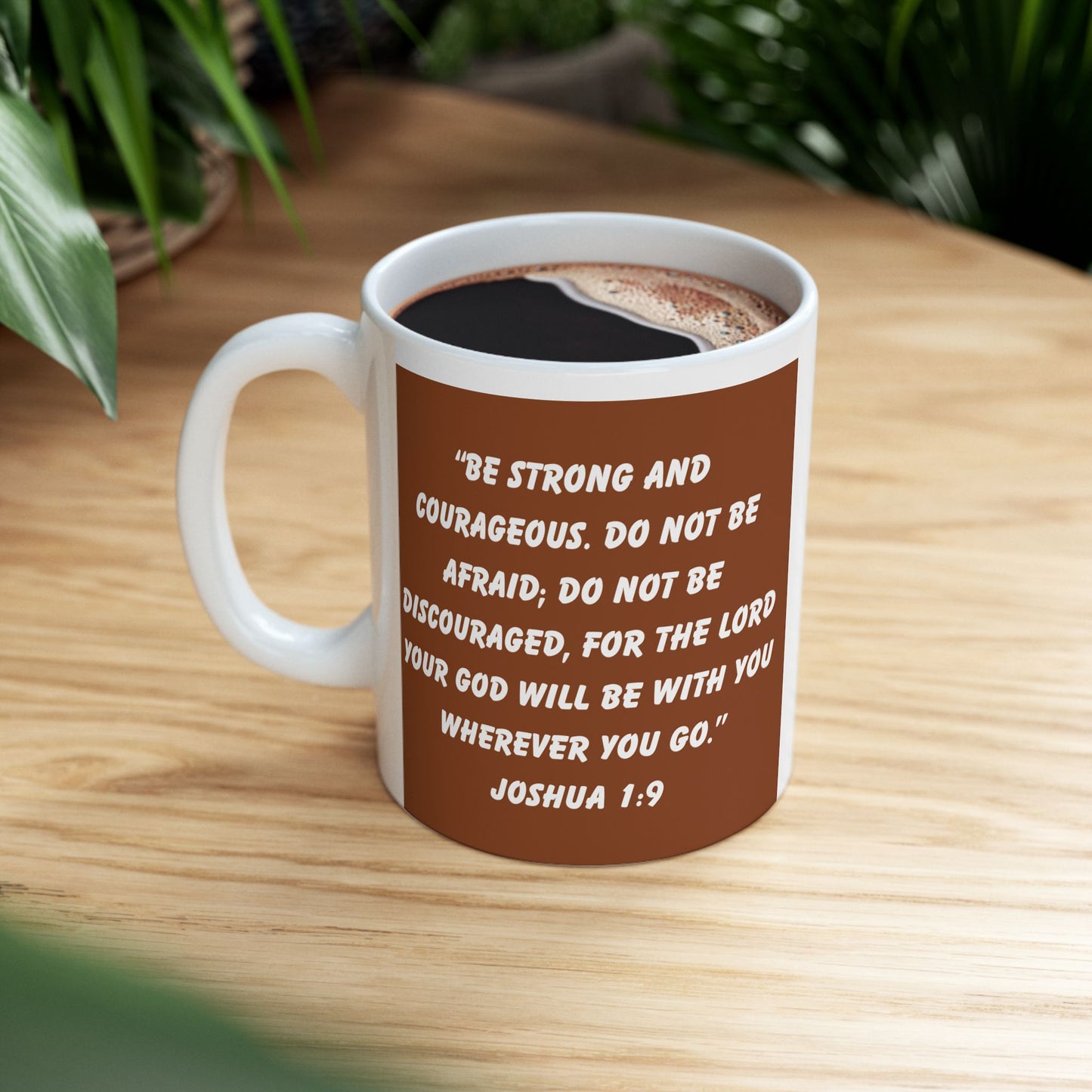 Joshua 1:9 Mug – Sunrise Winding Path Christian Coffee Cup with Woman and Dog Silhouette “Be Strong and Courageous”