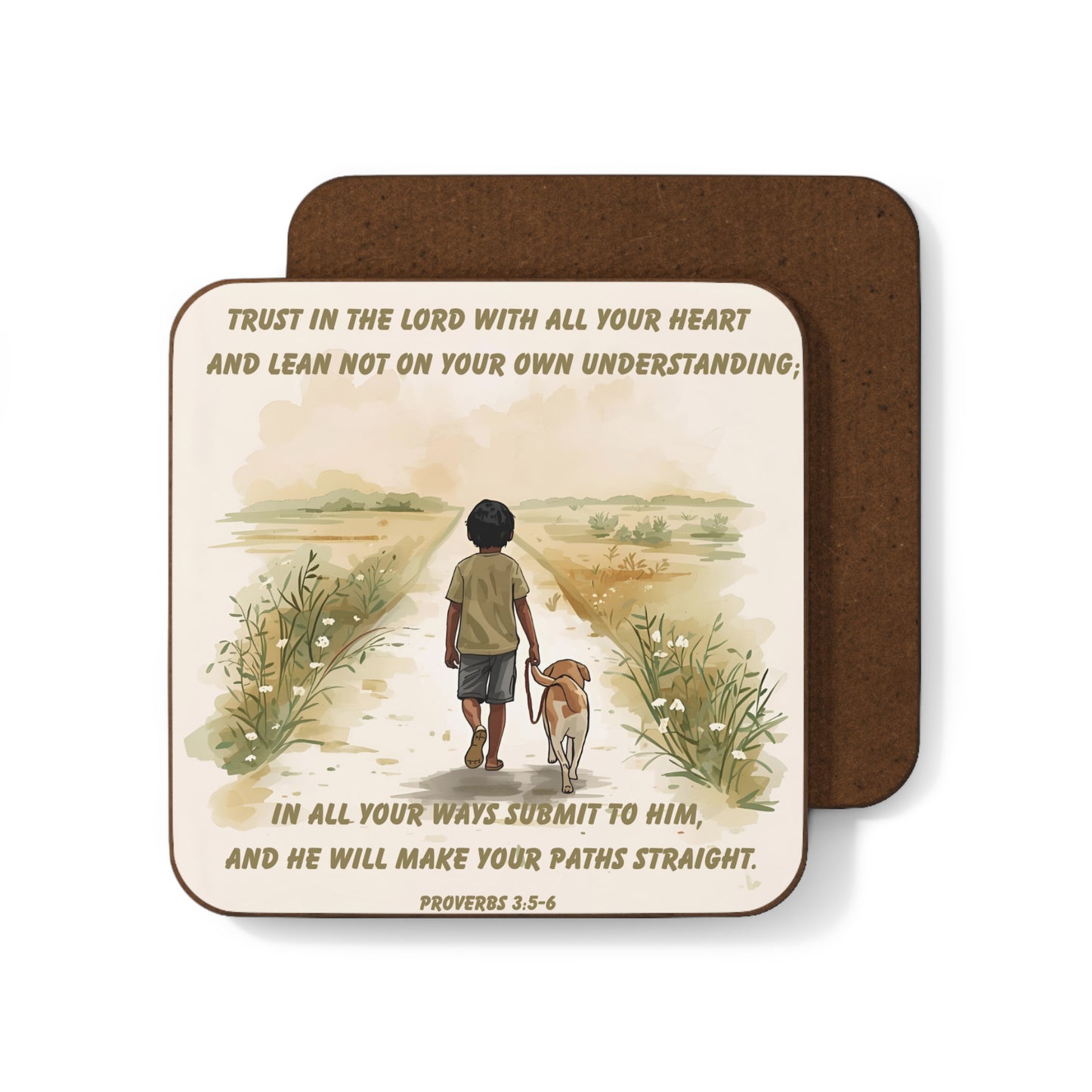 Proverbs 3:5–6 Bible Verse Coaster – Trust in the Lord | Child and Dog Walking Path Design