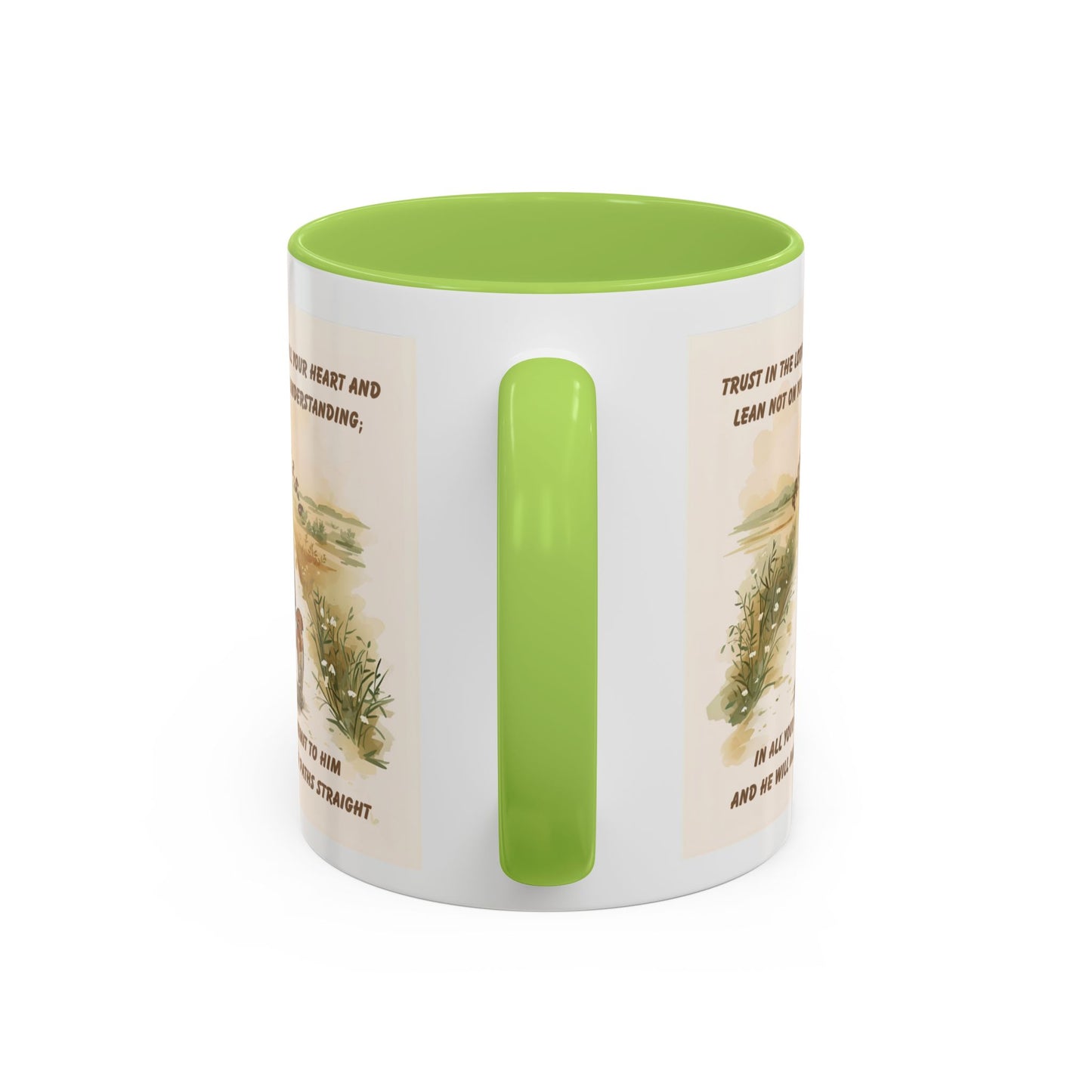 Proverbs 3:5–6 Christian Mug – Trust in the Lord | Dog and Child Walking Path Light Green Accent Coffee Cup