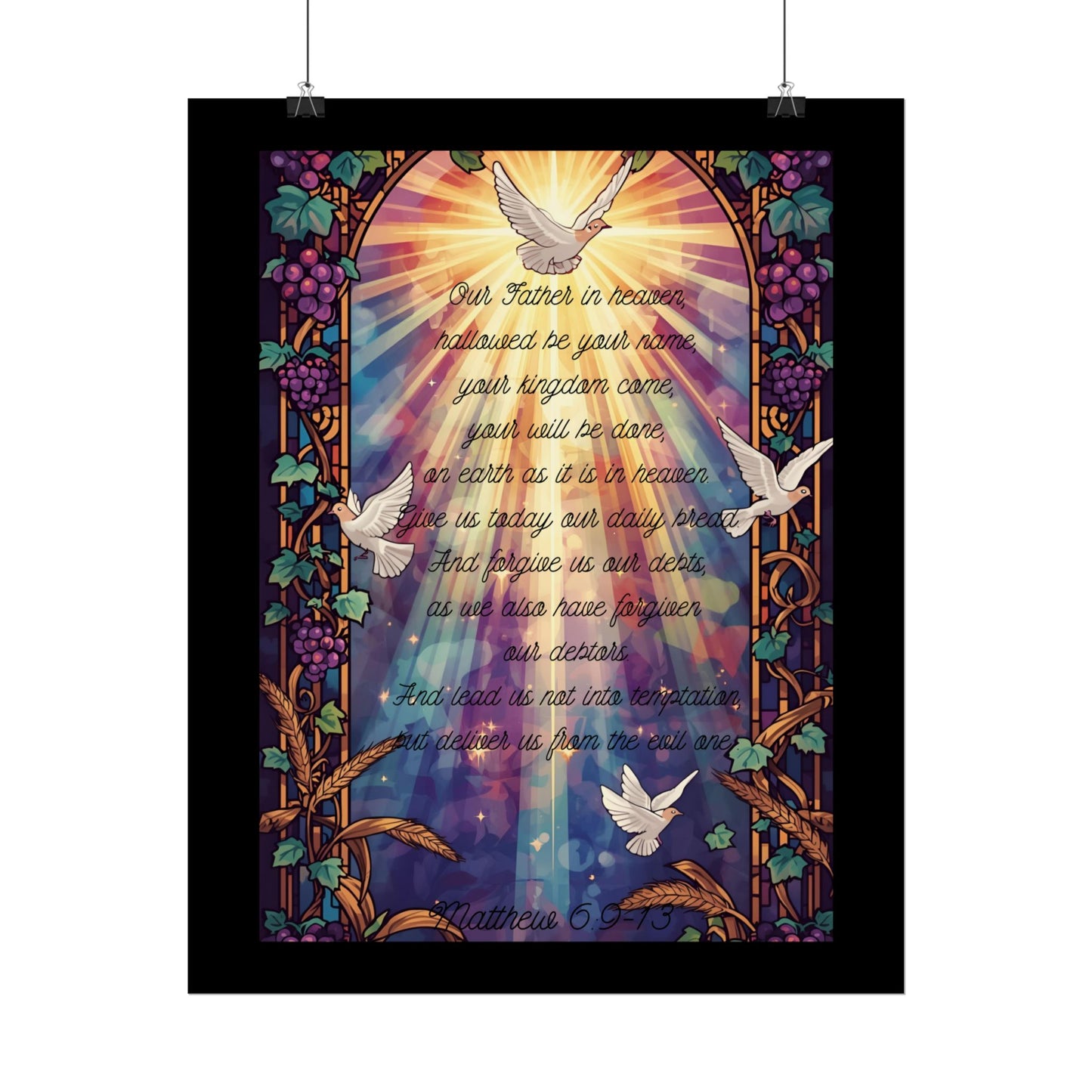 Lord’s Prayer Wall Poster – Stained Glass Christian Art with Vines, Wheat, Grapes & Doves | Matthew 6:9-13 Scripture Print