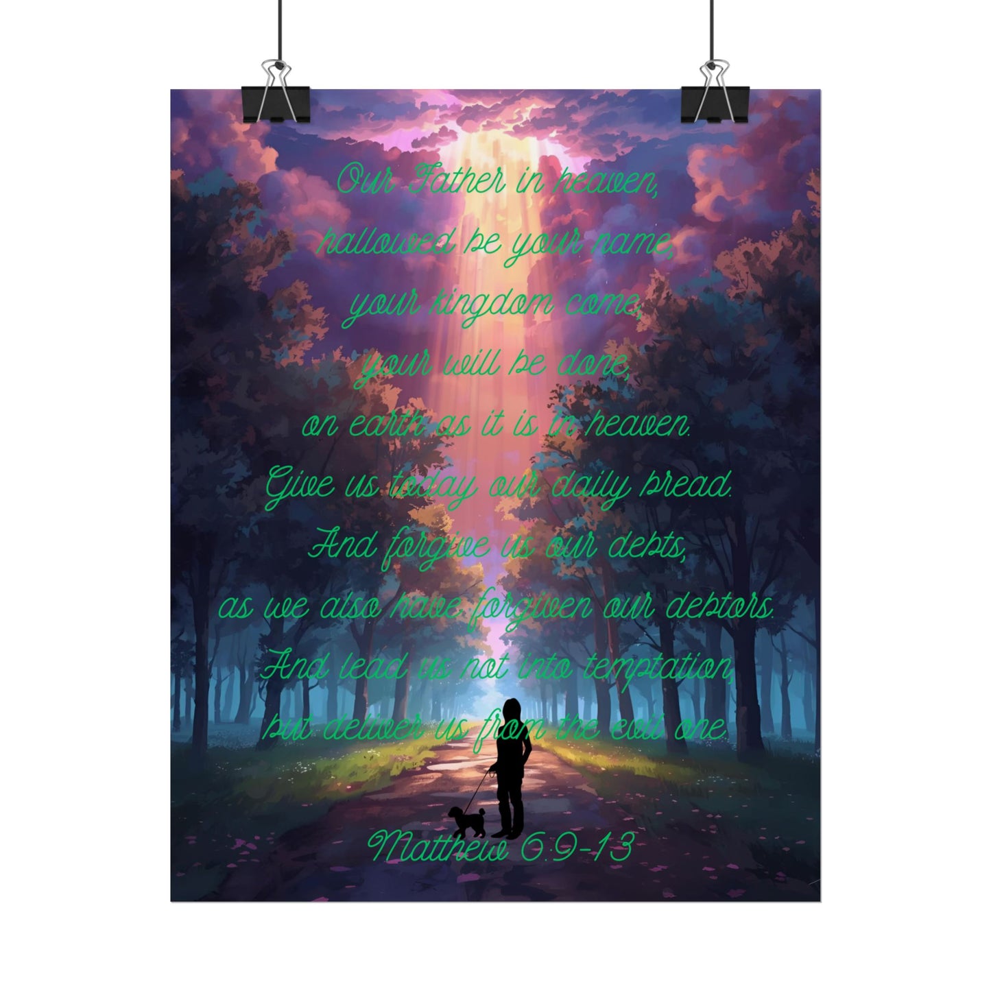 Lord’s Prayer Wall Poster – Woman & Dog Silhouette on Forest Trail with Light Rays | Matthew 6:9-13 Scripture Art