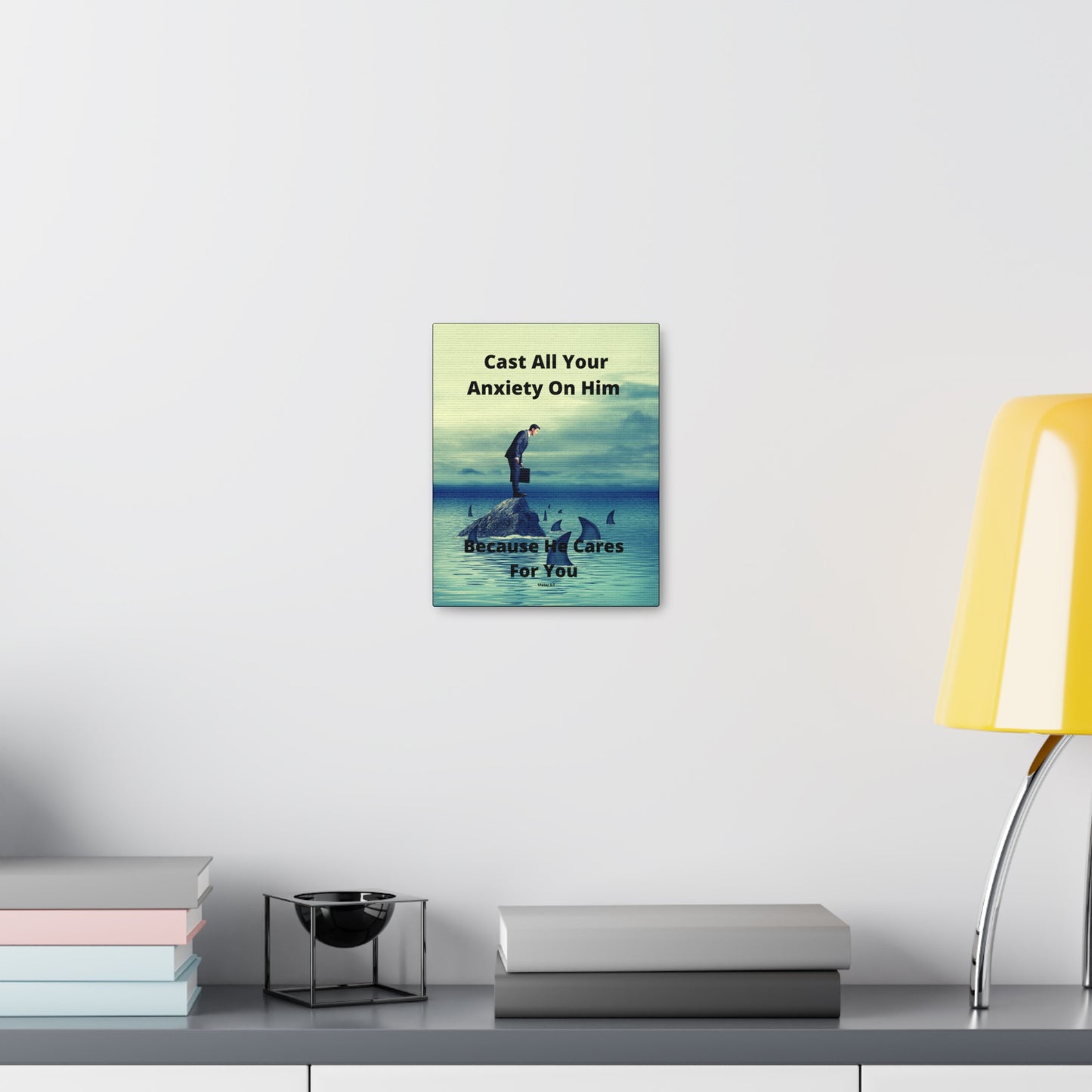 Man on Rock in Ocean with Sharks With Warm Tones - Inspirational Art Canvas Featuring Bible Verse for Anxiety Relief