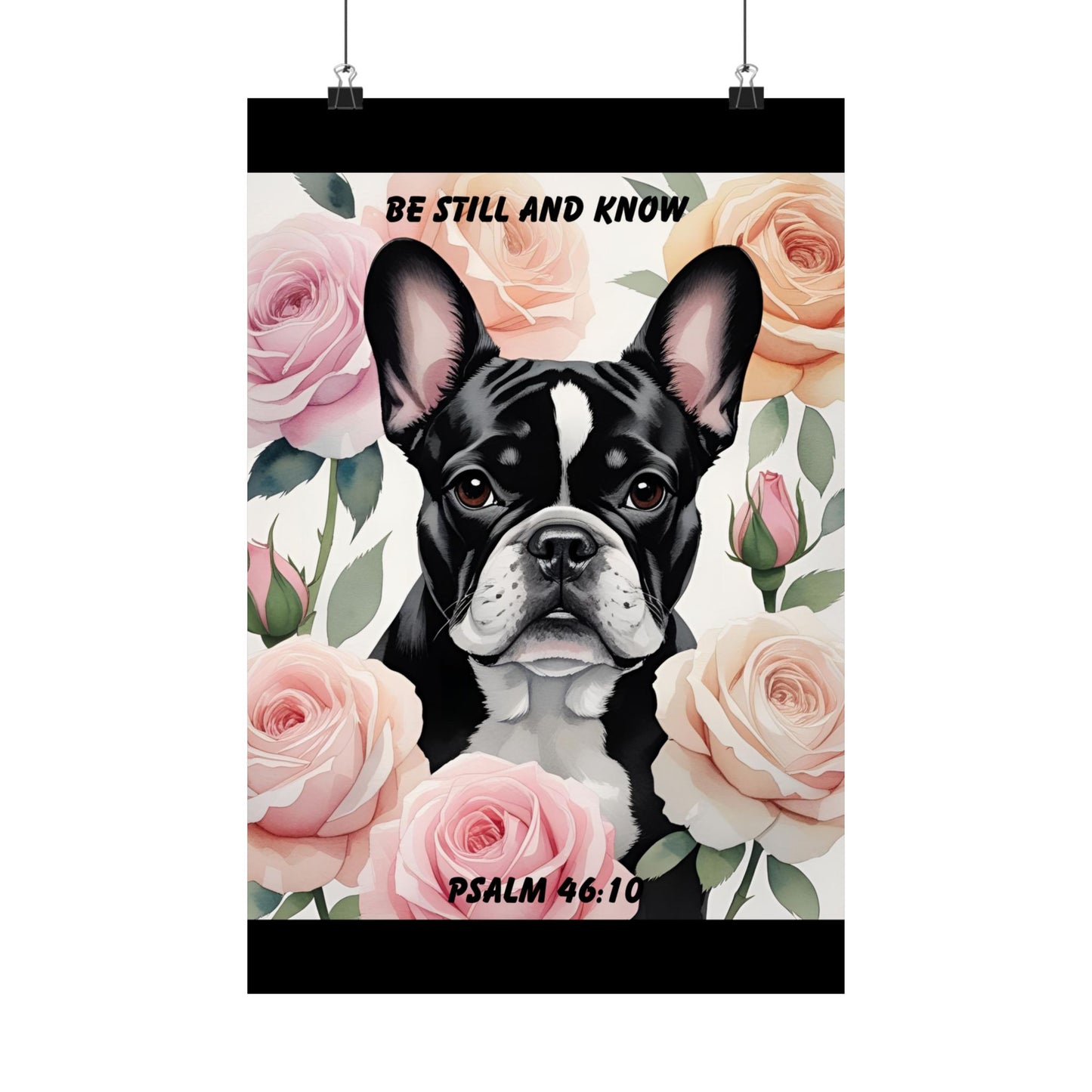French Bulldog Wall Art – "Be Still and Know" – Psalm 46:10 Christian Dog Lover Pastel Rose Print