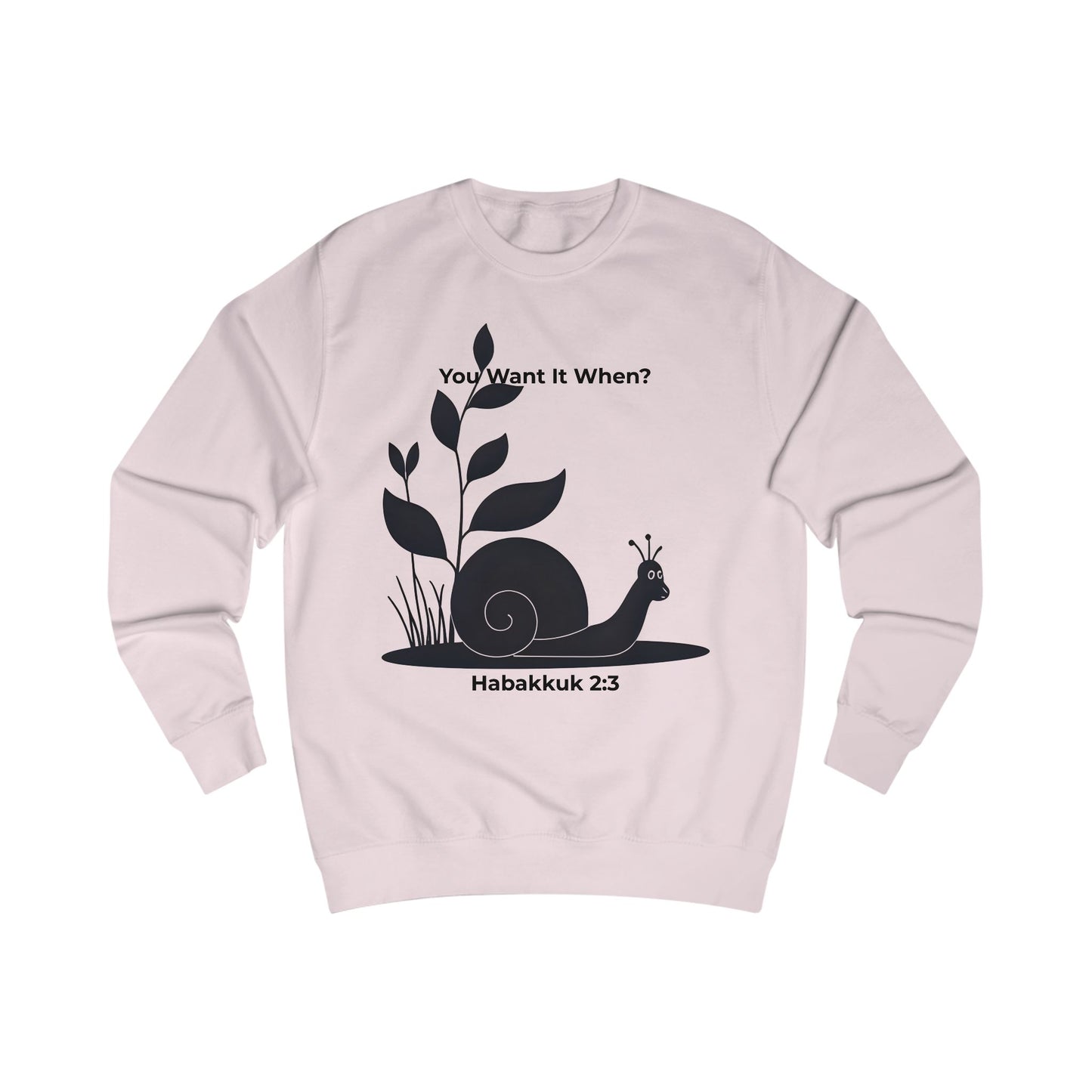 Funny Christian Sweatshirt – Snail ‘You Want It When?’ with Habakkuk 2:3 | Faith Humor on God’s Timing