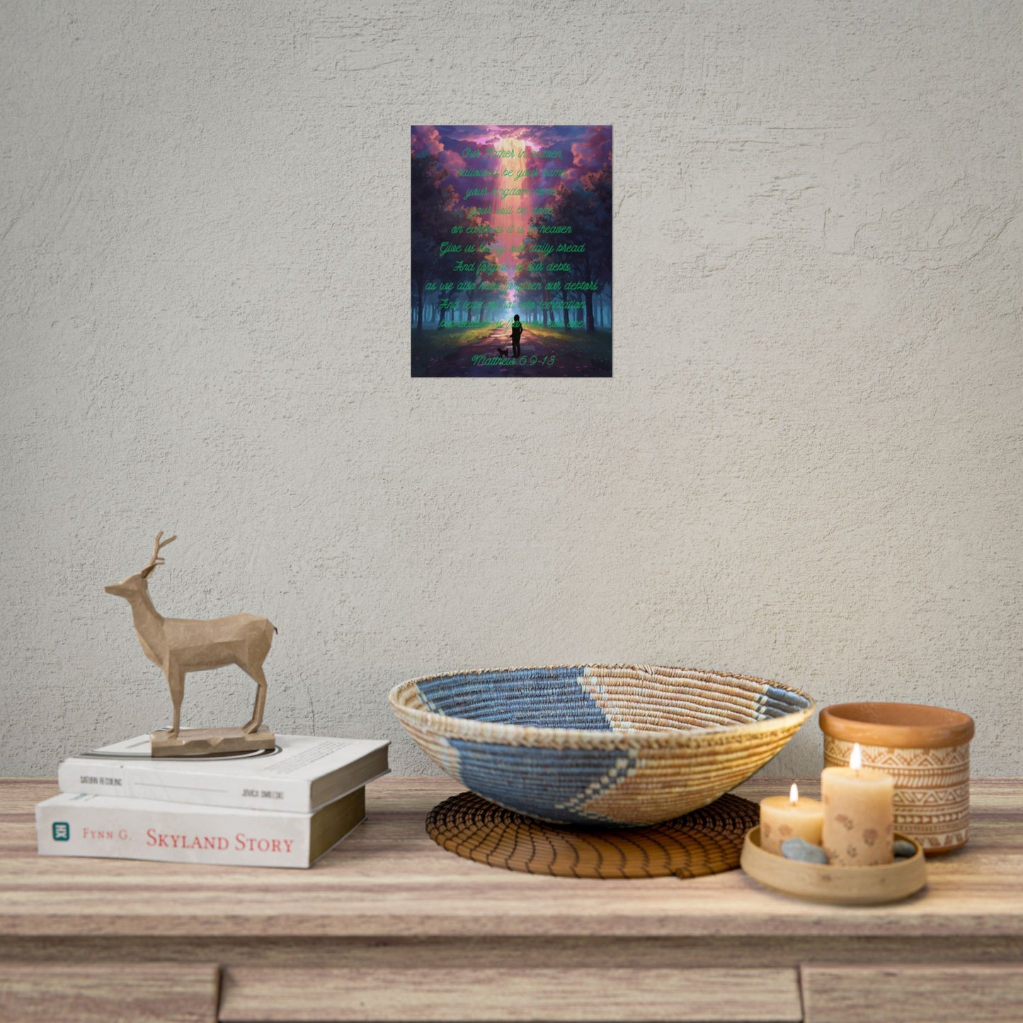 Lord’s Prayer Wall Poster – Woman & Dog Silhouette on Forest Trail with Light Rays | Matthew 6:9-13 Scripture Art