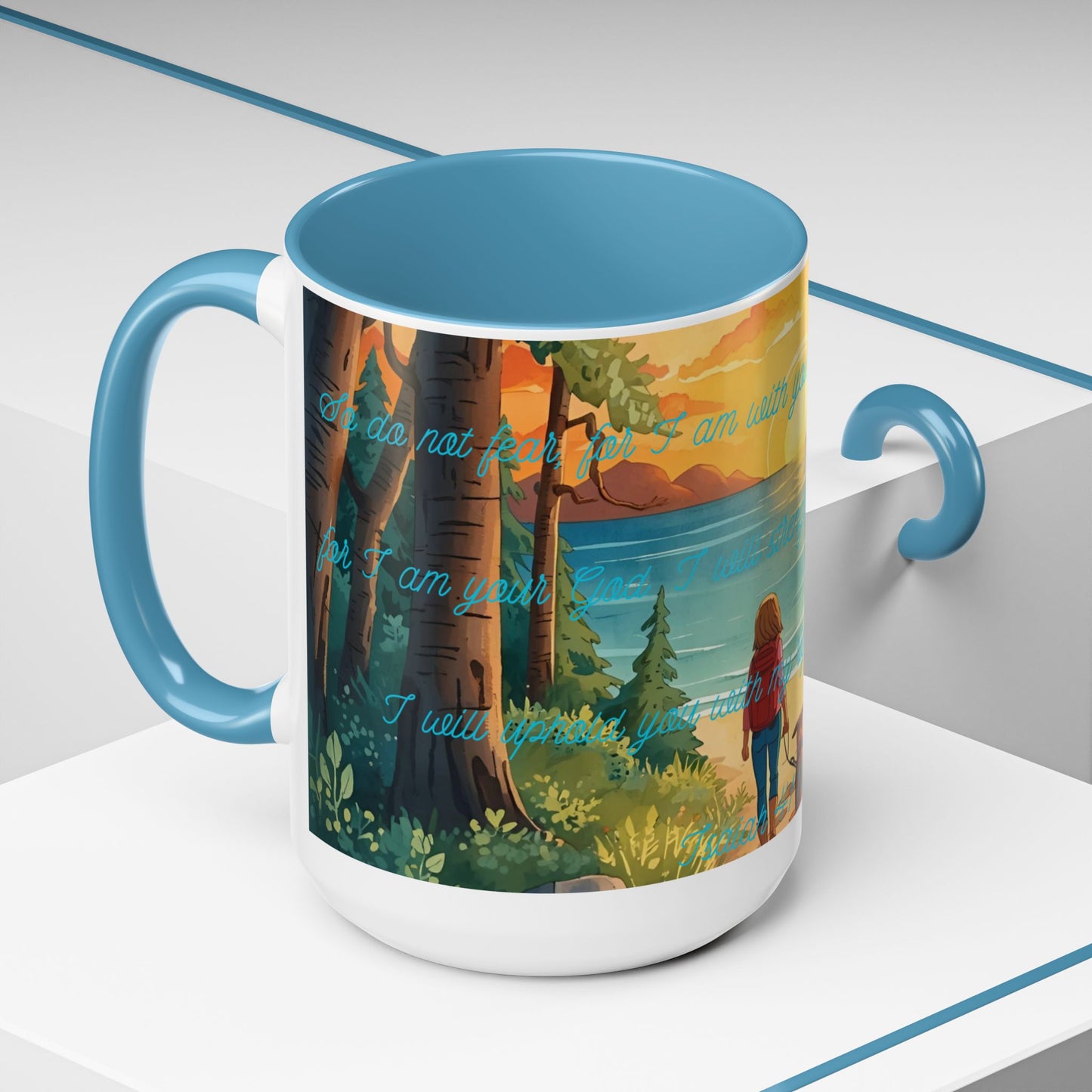 Mug - Woman and Dog Walking Towards Light with Isaiah 41:10 Verse